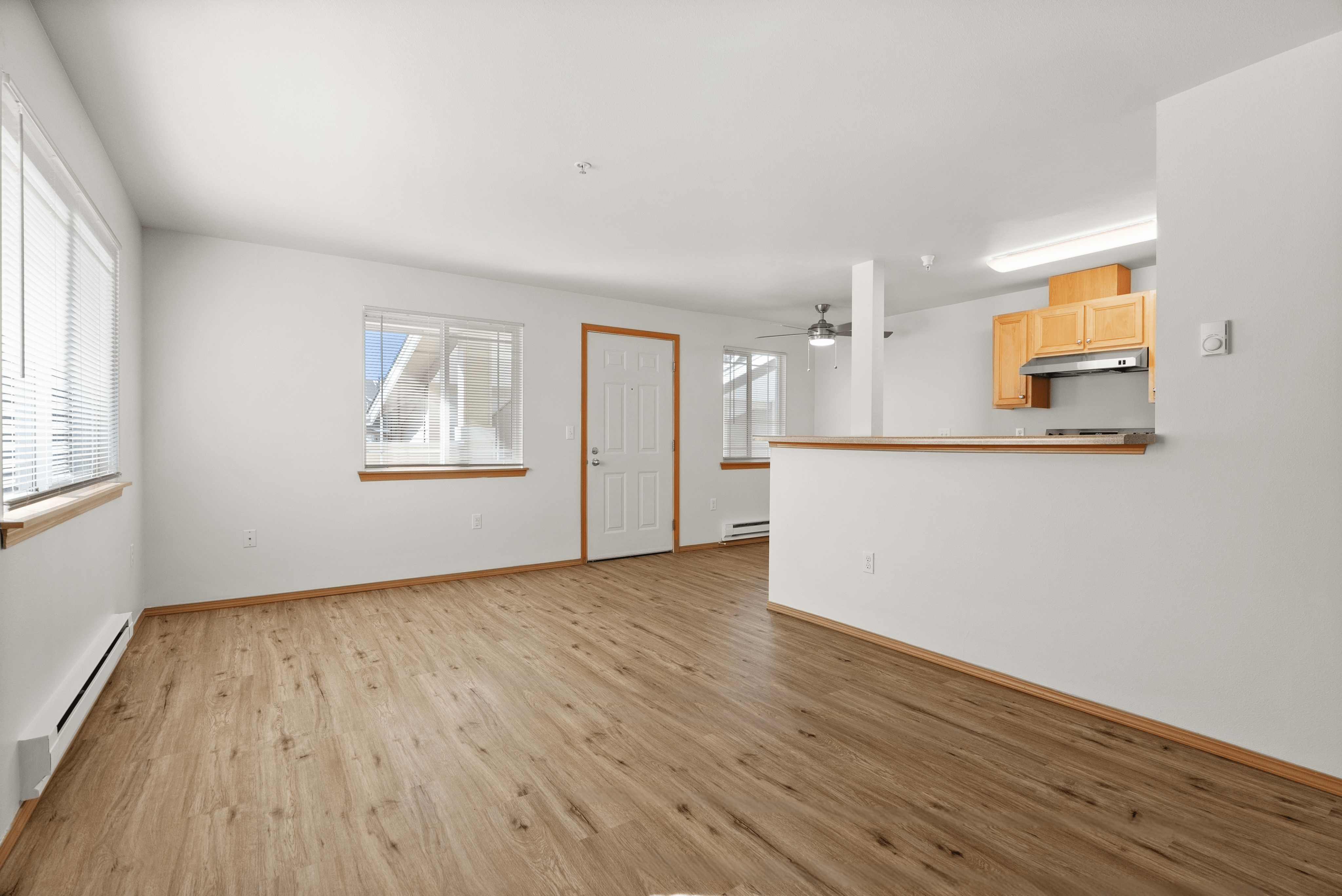 Bright and airy open-plan living area featuring large windows, wood flooring, and a modern kitchen with wooden cabinetry.