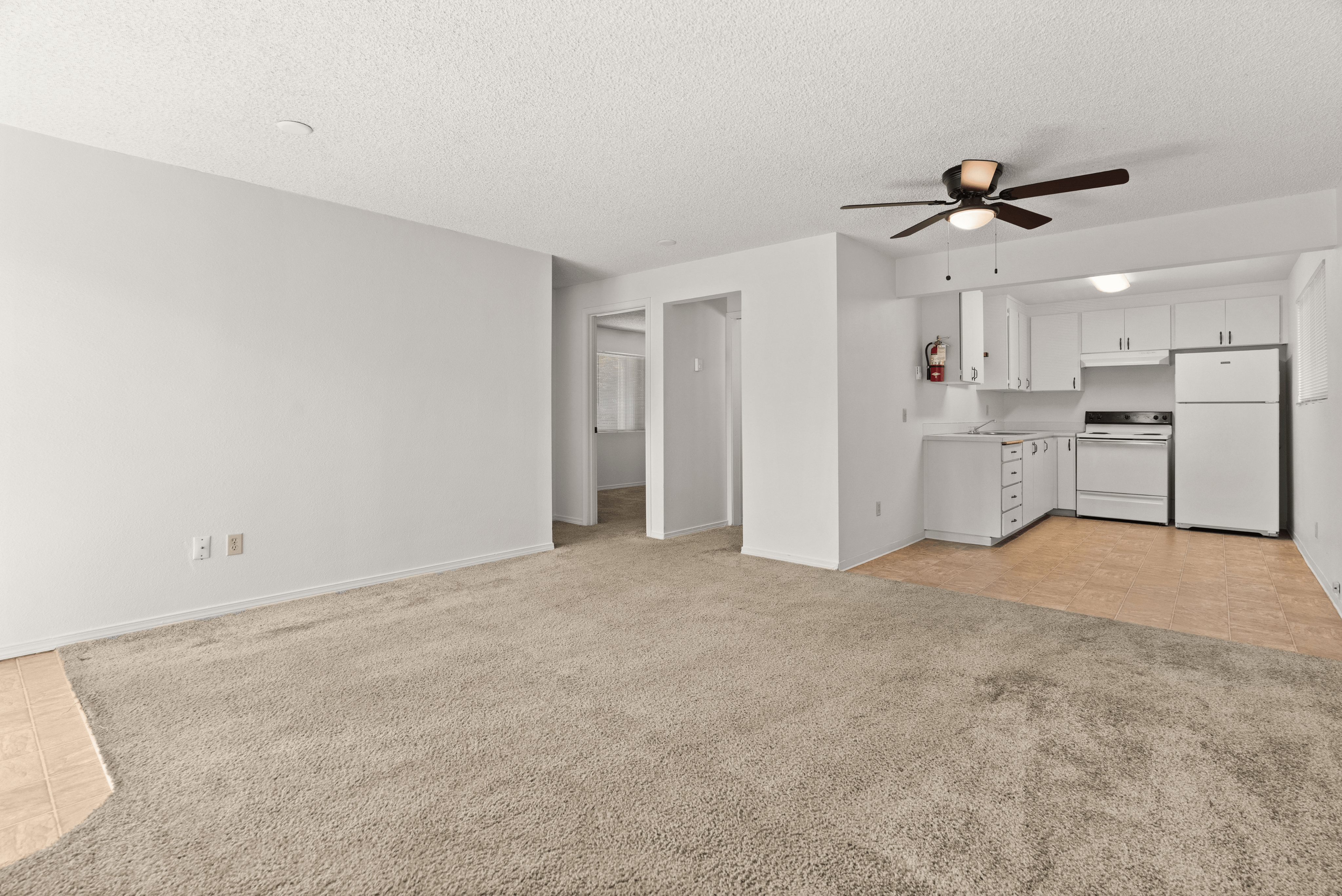 Experience open-concept living in this airy apartment featuring a seamless flow between the living area and kitchen.
