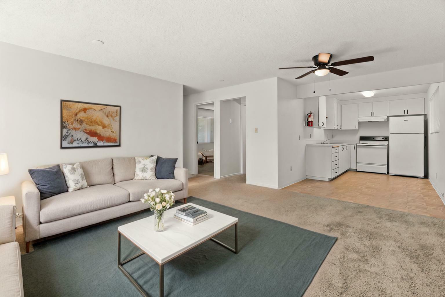 Inviting open-concept living area with modern kitchen, cozy sofa, and stylish decor, perfect for comfortable living.