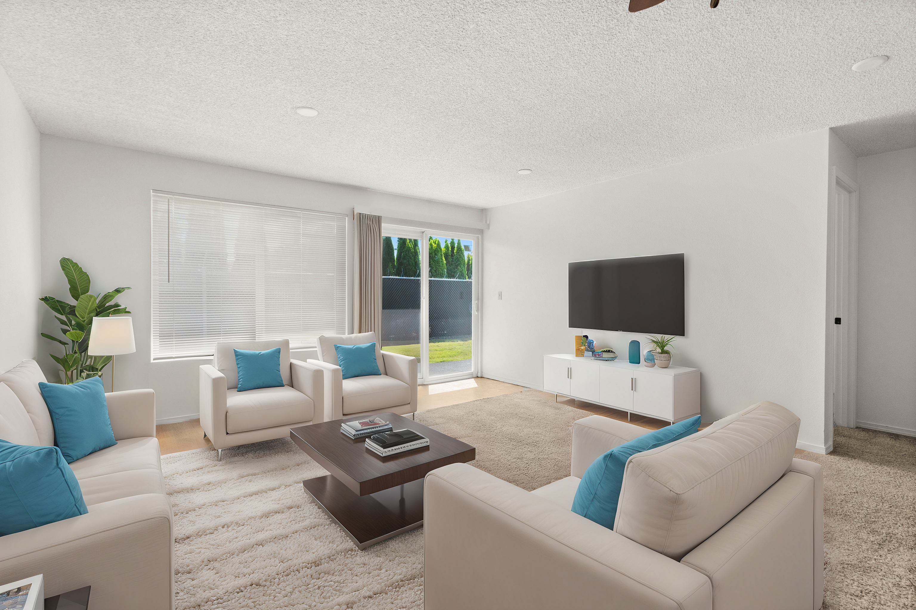 Bright and inviting living room with contemporary furniture, plush carpeting, and natural light from large windows, perfect for relaxation.