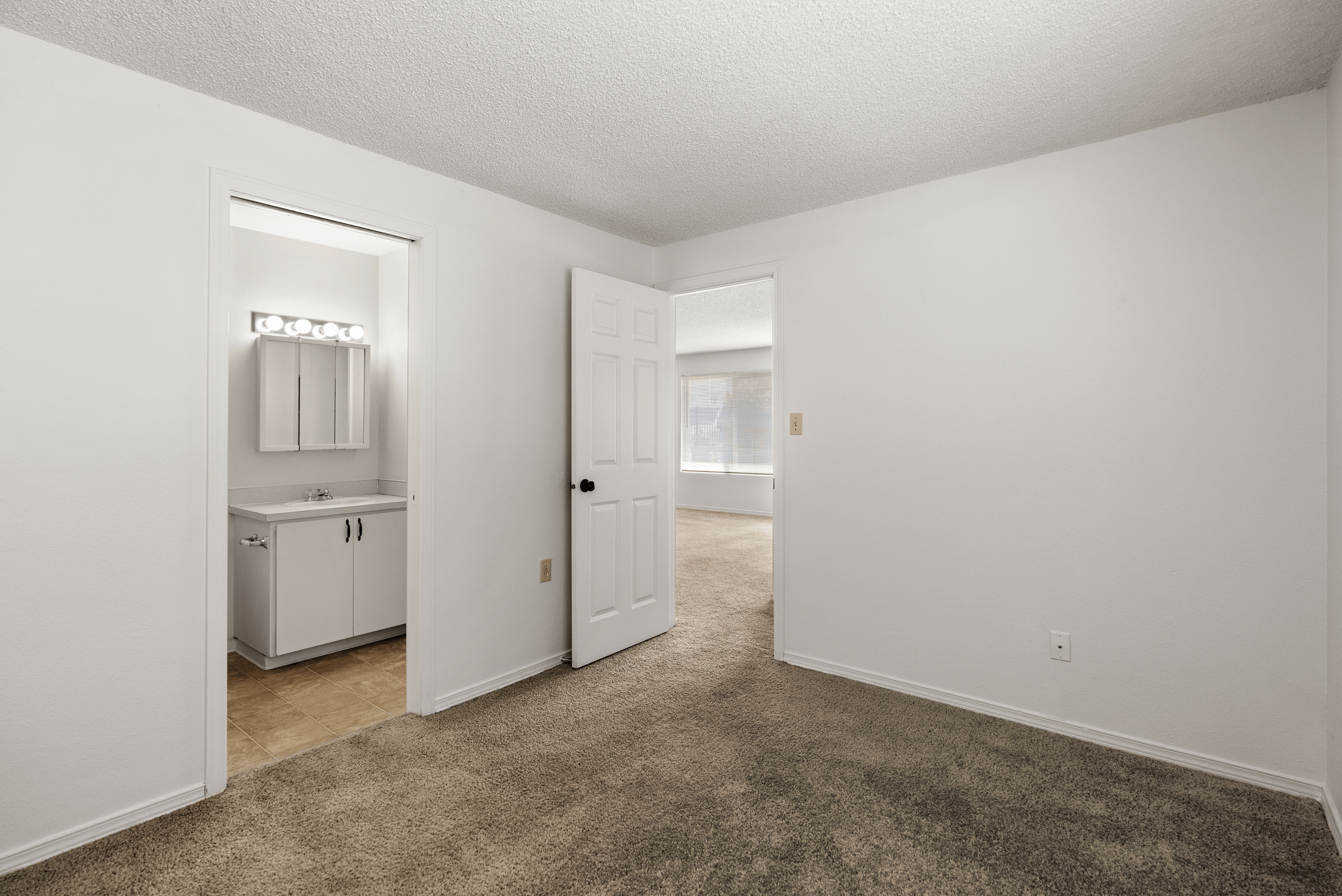 Bright bedroom with an adjoining private bathroom and plush carpeting.