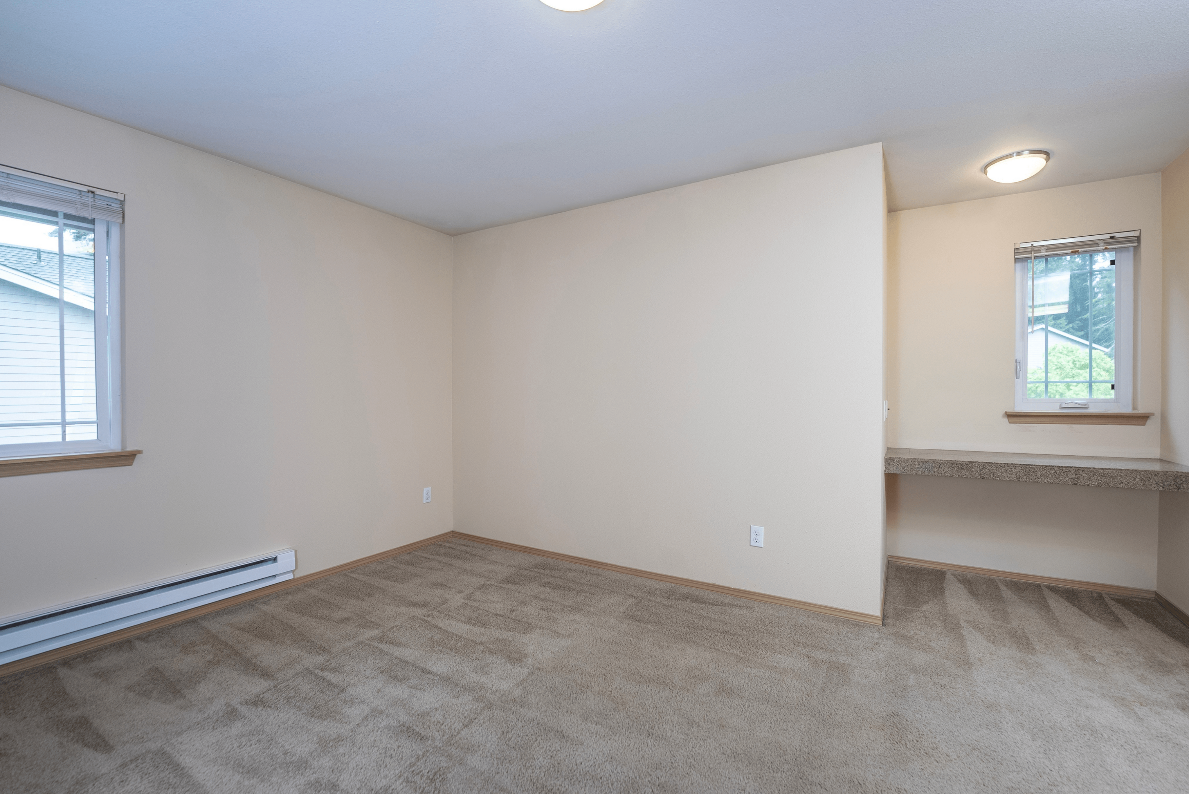 Bright, empty room with soft beige carpeting, neutral walls, and large windows inviting natural light.