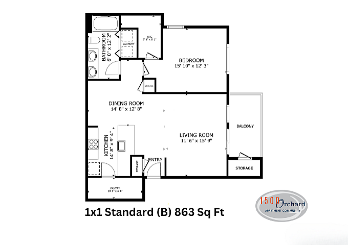 Modern 1x1 Standard floor plan with 863 sq ft, featuring a spacious bedroom, open dining and living rooms, a well-equipped kitchen, and a cozy balcony with storage.