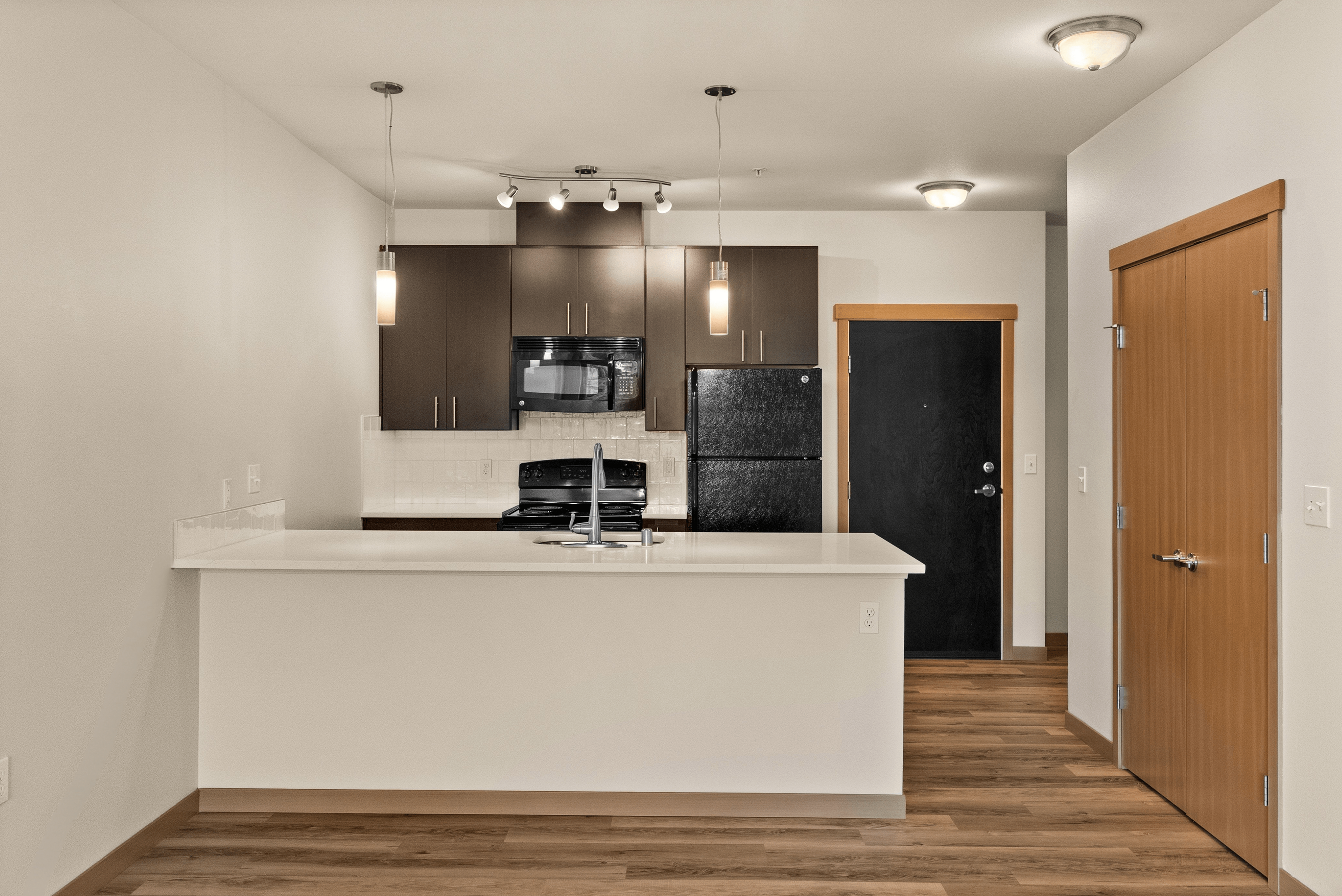 Modern apartment kitchen featuring a center island with sink, dark cabinetry, black appliances, and wood-style flooring.