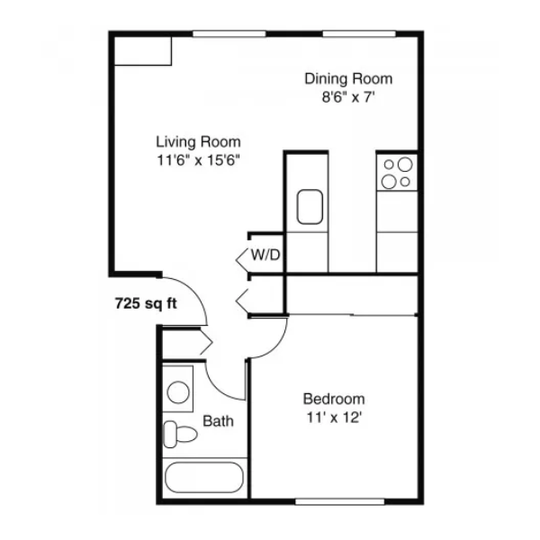 Modern 725 sq ft floor plan featuring 1 bedroom, efficient kitchen, spacious living room, dining area, and bath, ideal for cozy living.