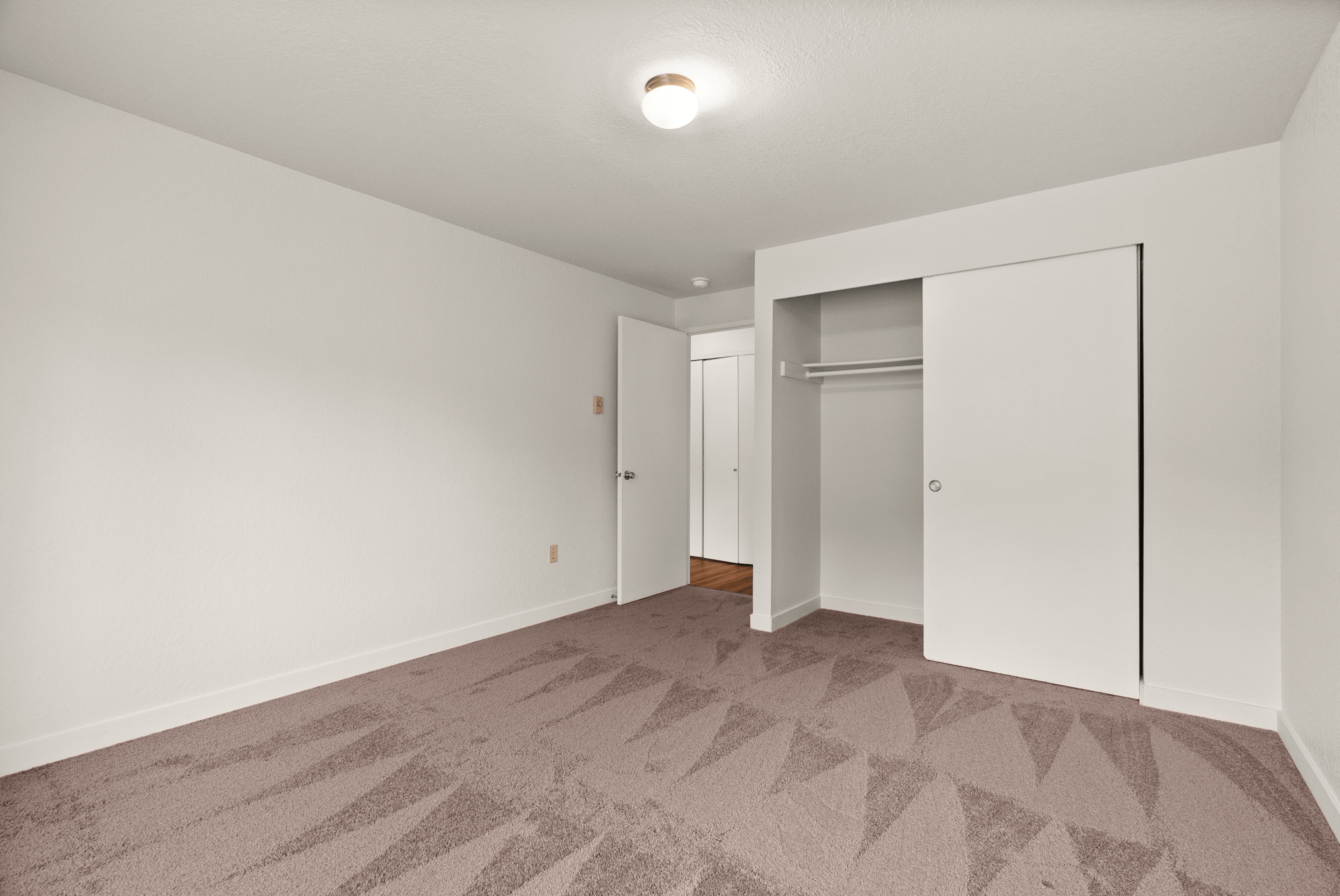 Bright and spacious bedroom featuring plush carpeting, white walls, and a built-in closet with sliding doors.