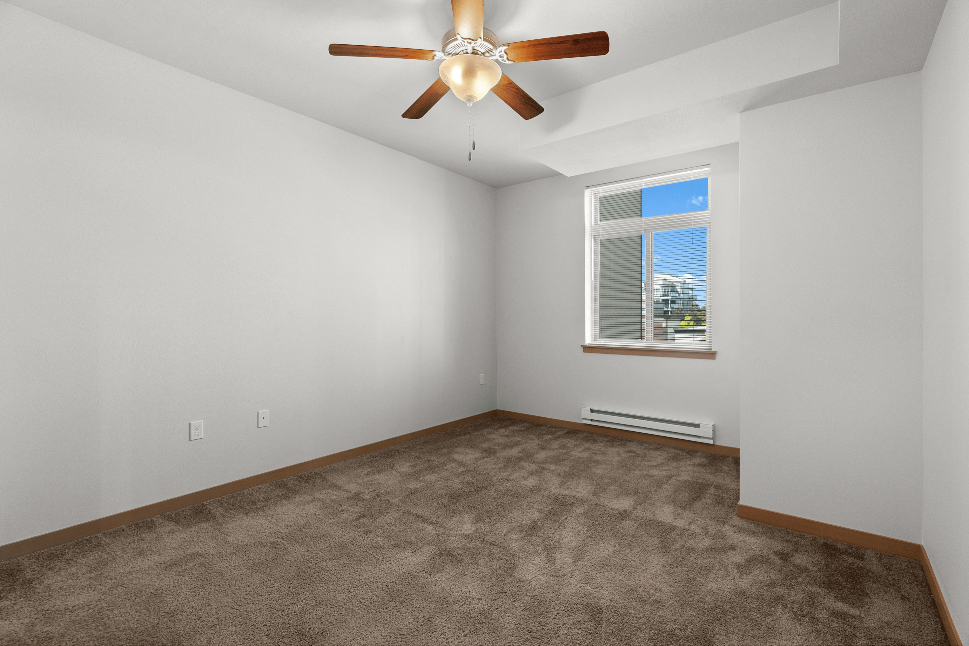 Bright and inviting empty bedroom with plush carpeting and a ceiling fan, offering a serene atmosphere with natural light streaming through the window.