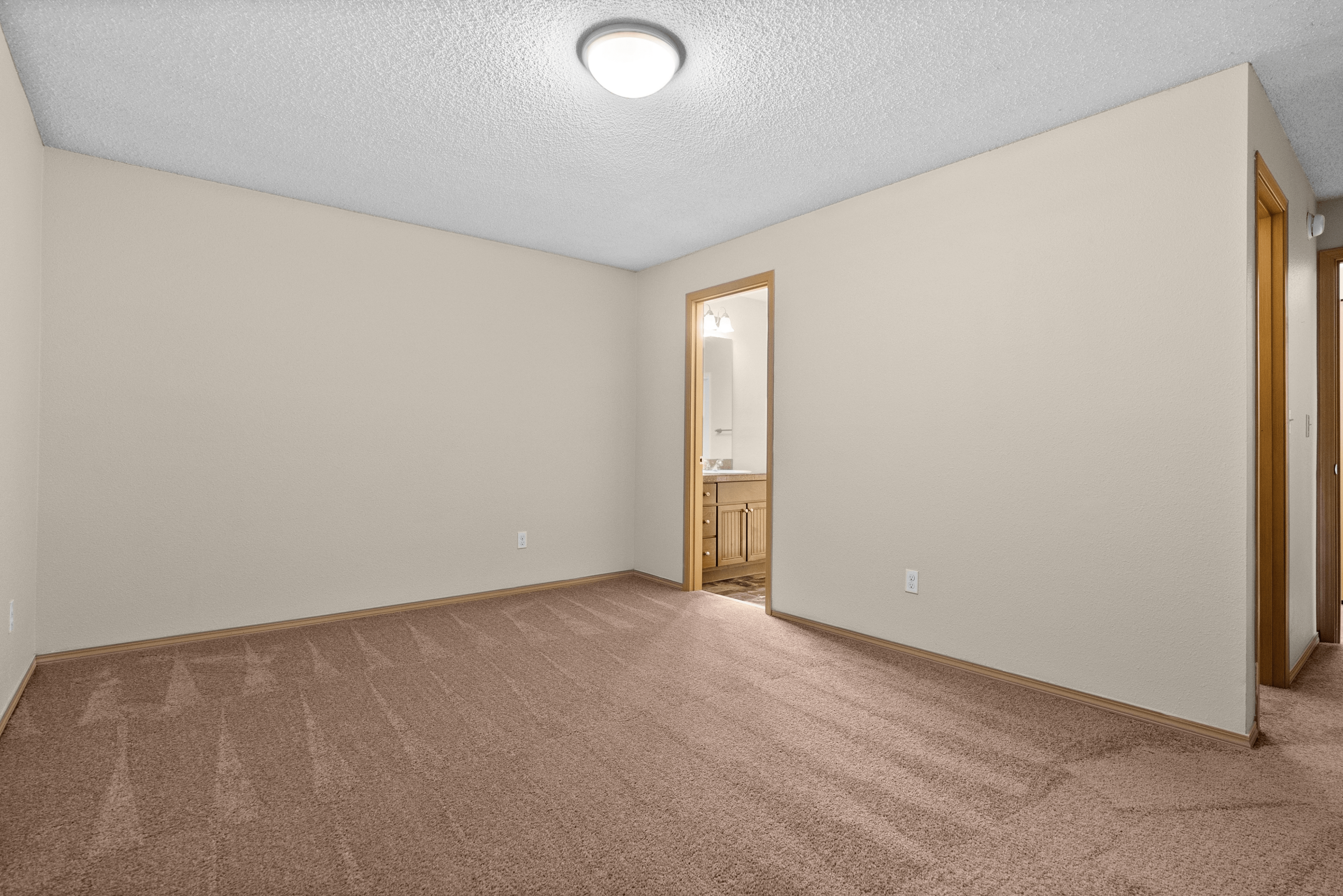 Bedroom with beige carpet, light-colored walls, and a ceiling light, featuring an open doorway leading to a bathroom vanity.
