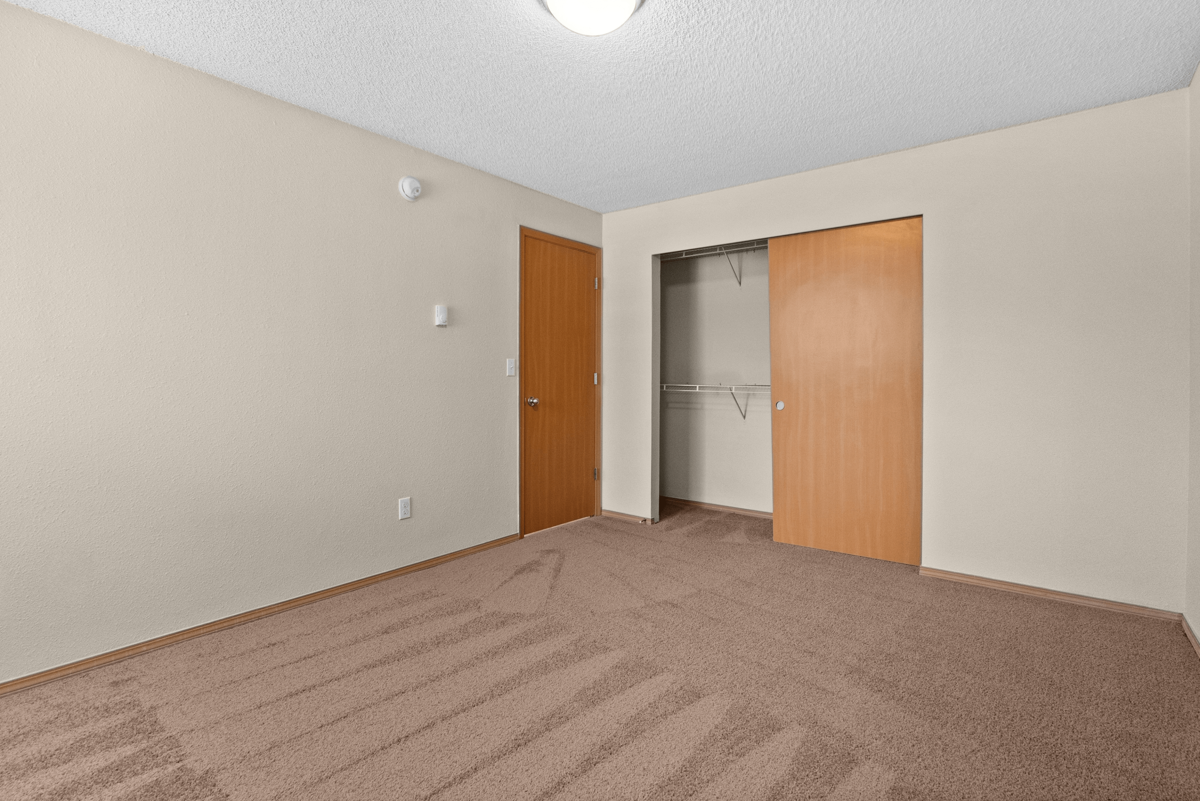 Bright and welcoming room featuring plush carpet, neutral walls, and a spacious closet with wooden sliding doors.