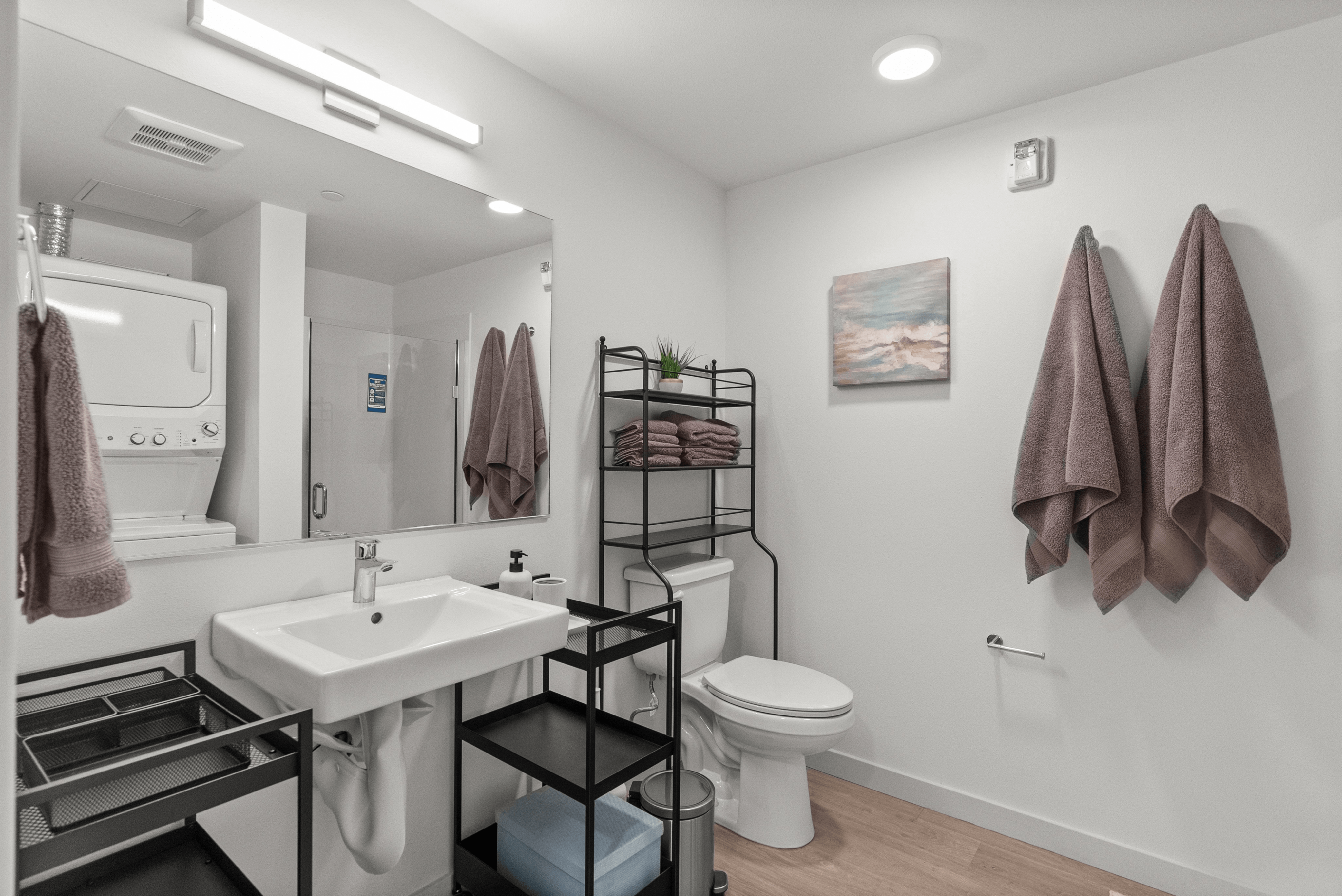 Modern bathroom with elegant fixtures, spacious vanity, and integrated washer-dryer unit for convenience and style.