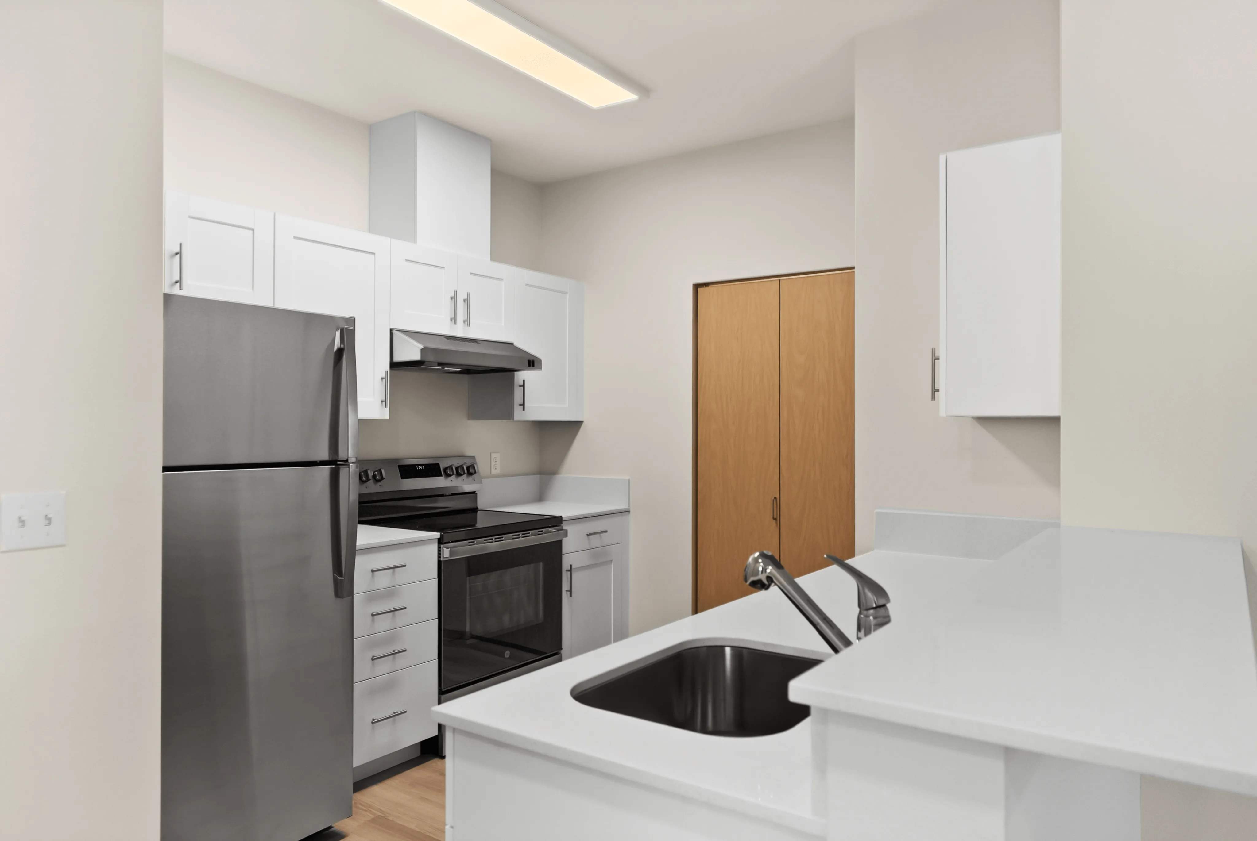 Modern kitchen with sleek stainless steel appliances, elegant white cabinetry, and a spacious countertop, perfect for culinary enthusiasts.