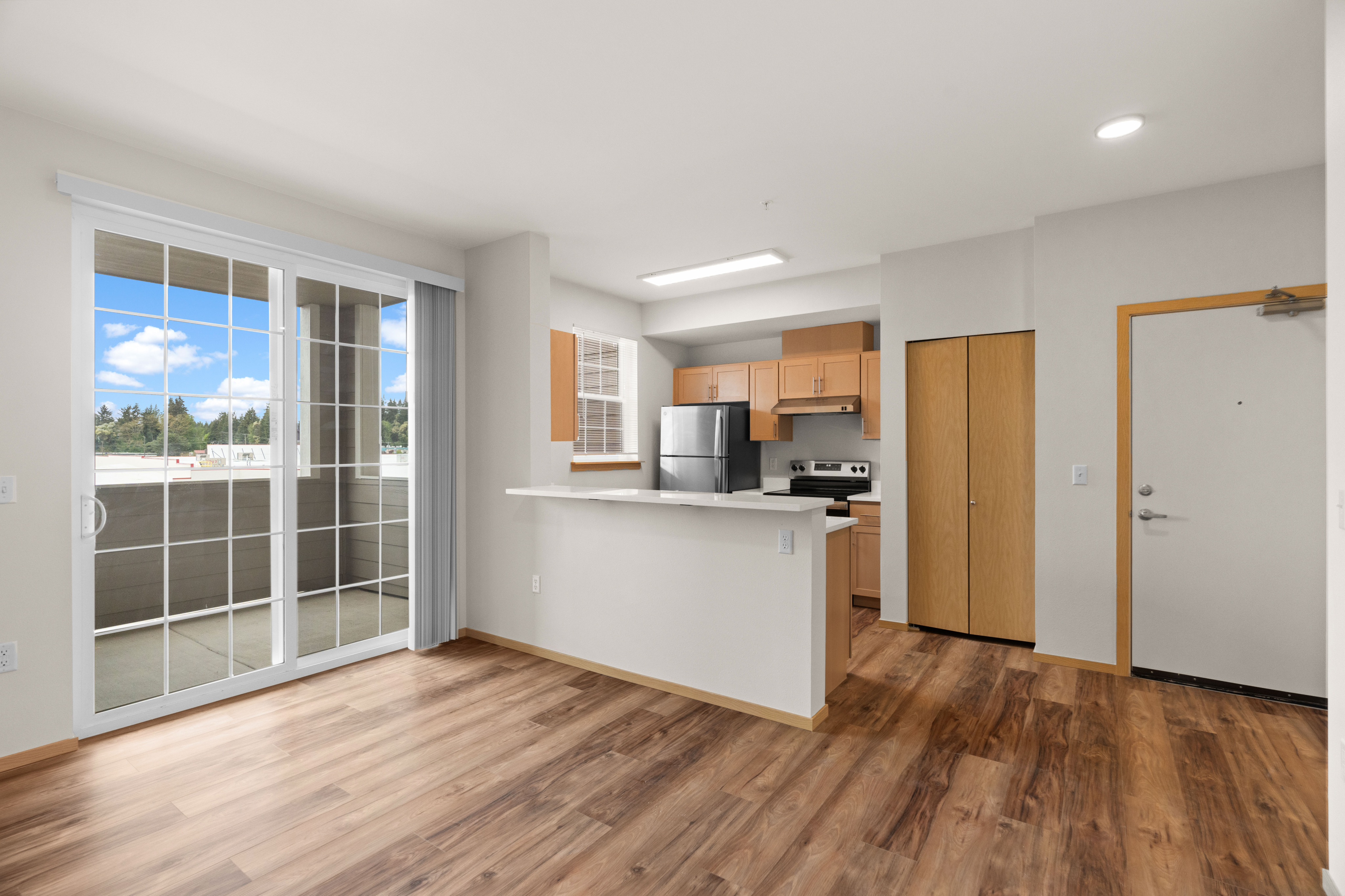 Bright and inviting open-concept kitchen with stainless steel appliances, adjoining a cozy living area with sliding glass doors leading to a balcony.