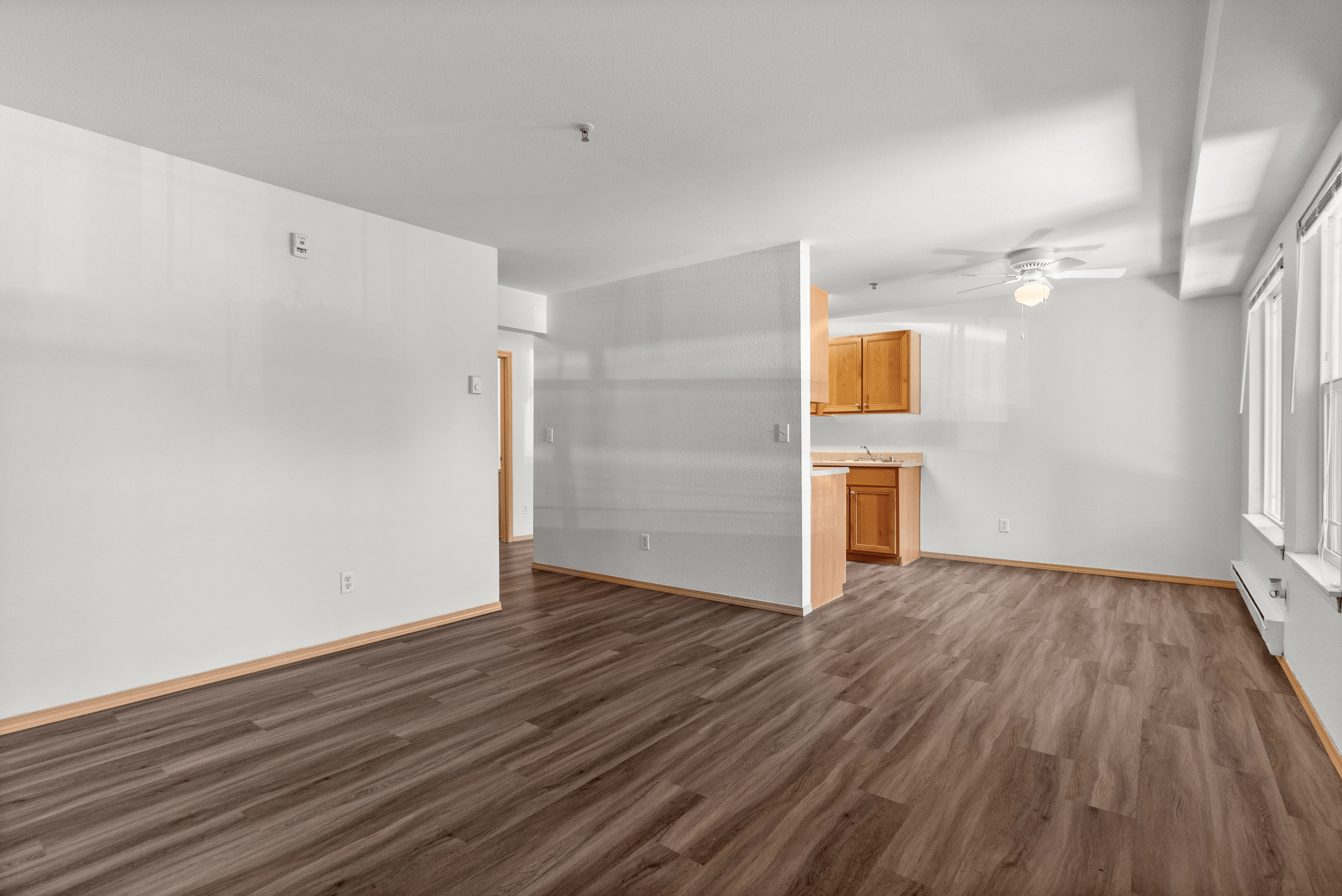 Bright and airy open-concept apartment featuring sleek laminate flooring, a charming kitchen with wooden cabinets, and ample natural light.