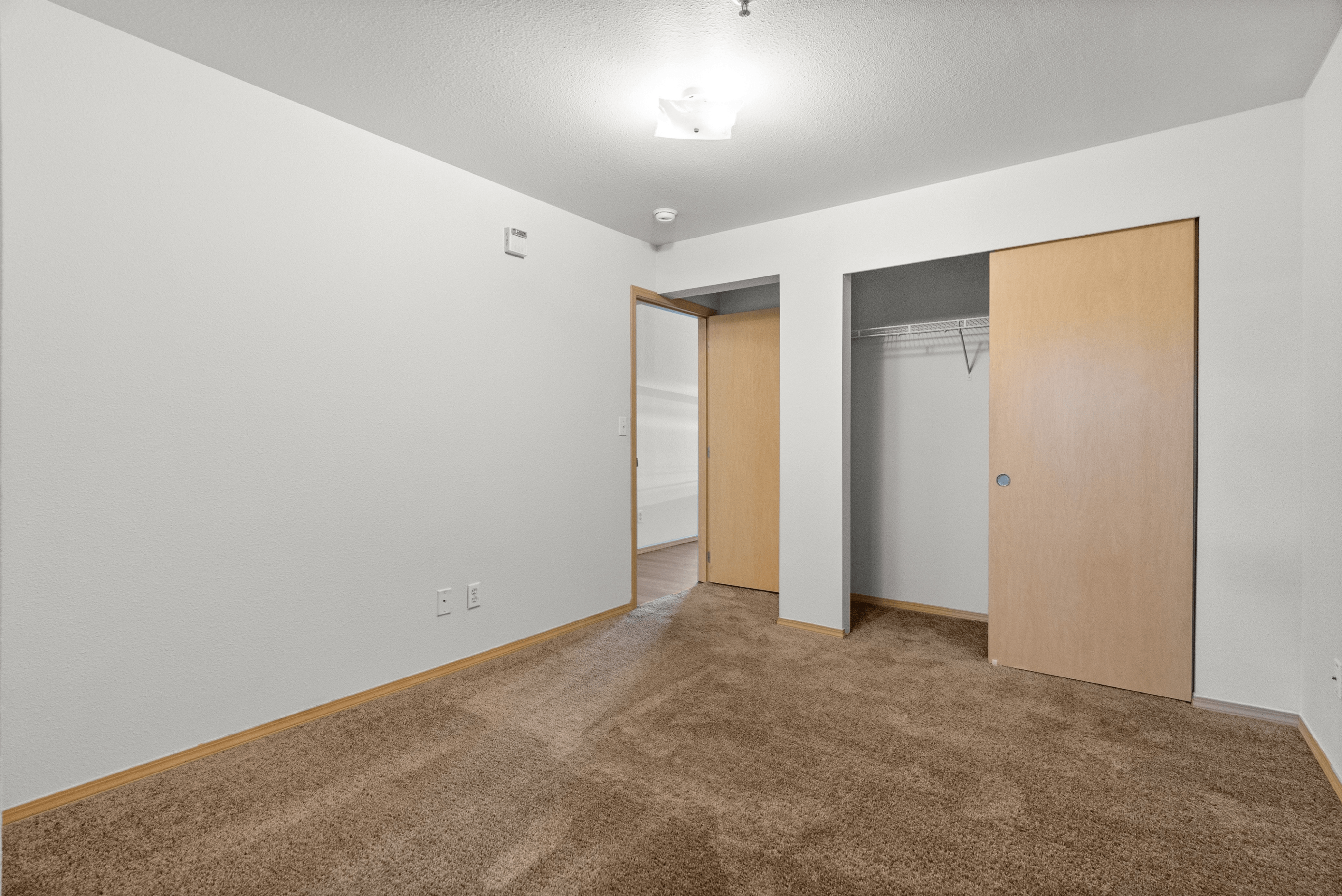 Spacious bedroom with plush carpeting, featuring a wooden sliding door closet and modern lighting.
