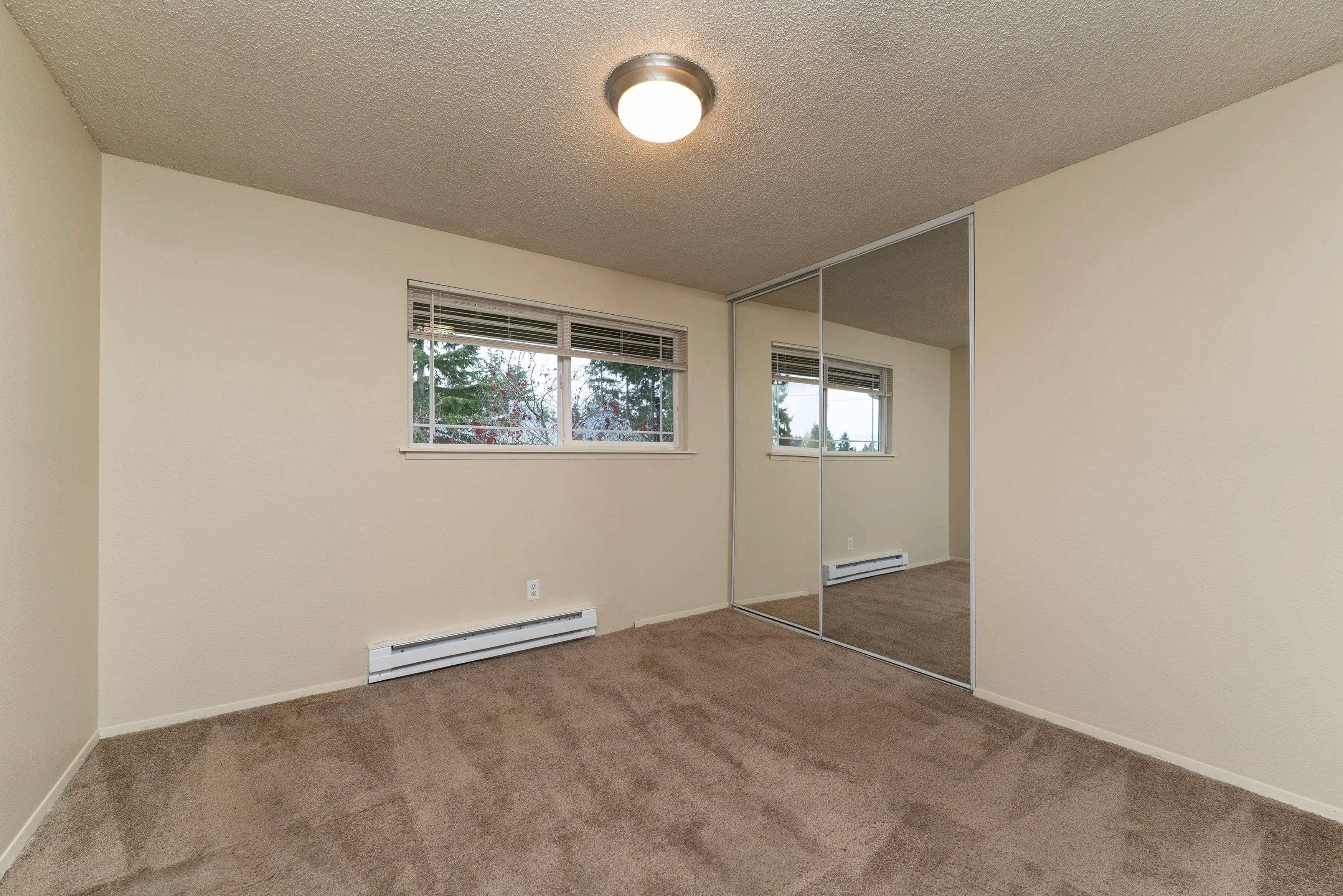 Bright bedroom with plush carpeting, a large mirrored closet, and a window with scenic views.