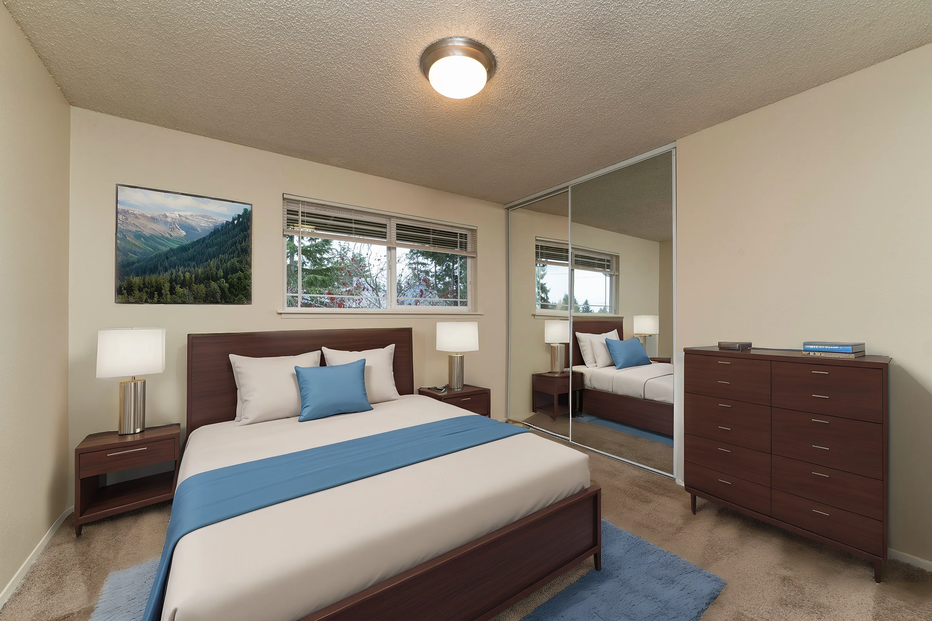 Elegant bedroom with warm wooden furniture, large mirror, and scenic window view creating a cozy, sophisticated atmosphere.