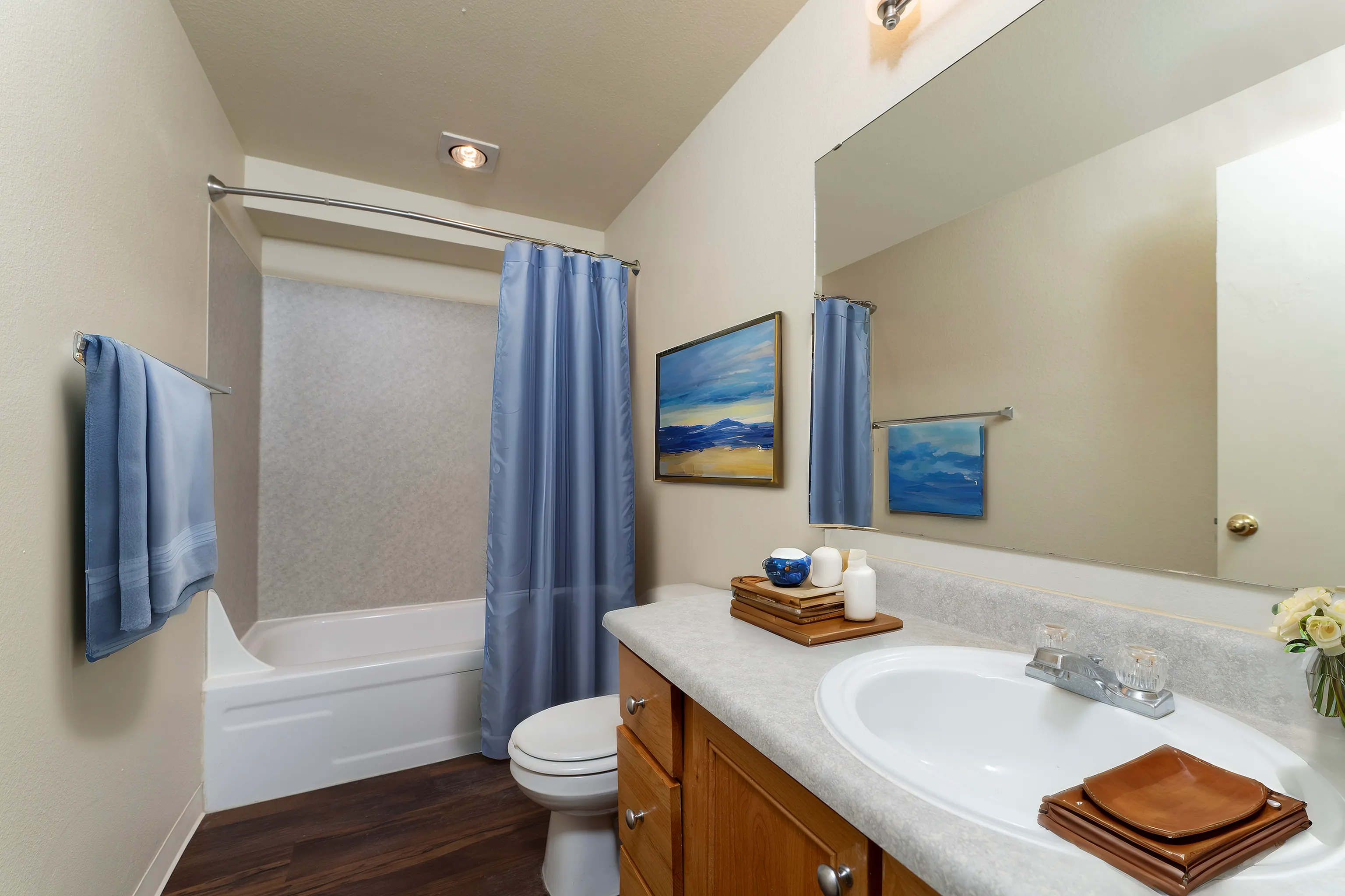 Charming bathroom with elegant blue accents, featuring a modern vanity, cozy tub, and stylish decor.