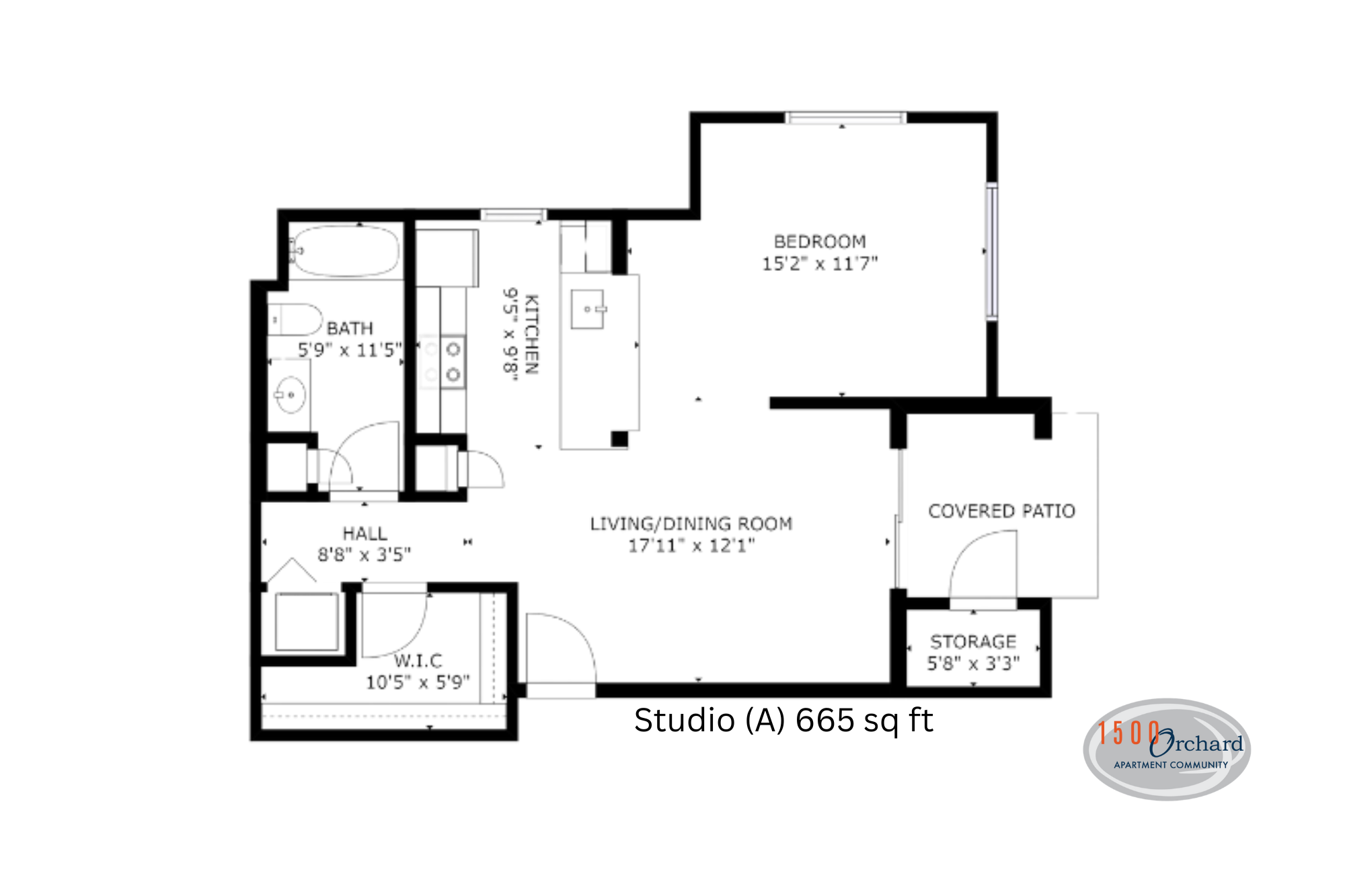 Inviting studio apartment floor plan featuring a spacious bedroom, open living and dining area, modern kitchen, covered patio, and ample storage space, covering 665 sq ft.