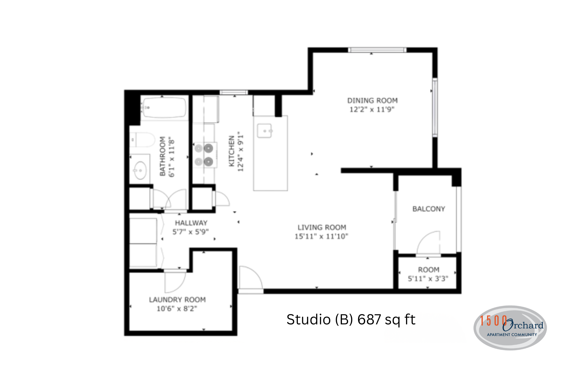 Chic studio floor plan of 687 sq ft featuring a spacious living room, modern kitchen, dining area, cozy balcony, and convenient laundry room.