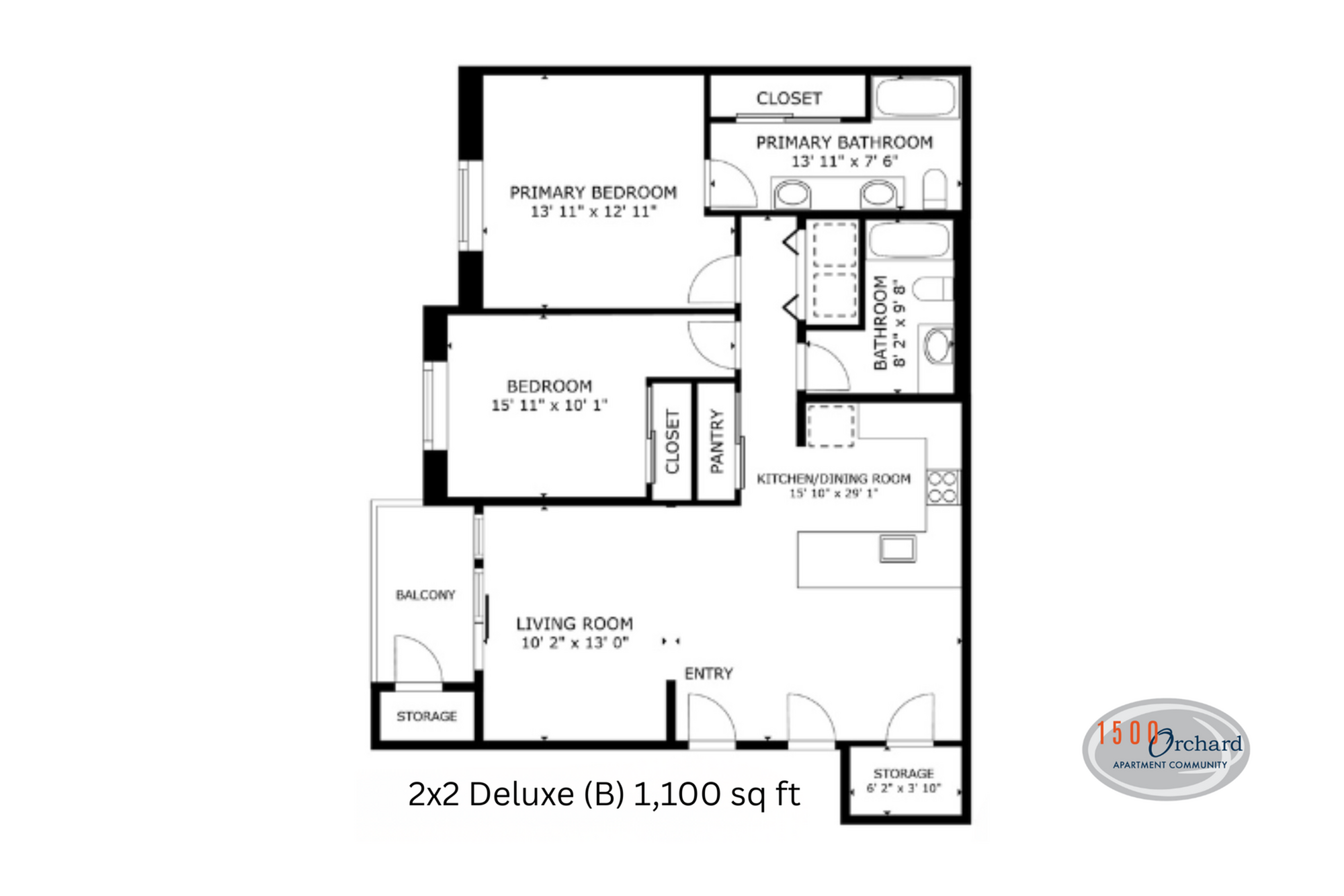 Spacious 2x2 Deluxe apartment floor plan featuring two bedrooms, two bathrooms, a large kitchen/dining room, and a cozy living room with balcony, 1,100 sq ft.