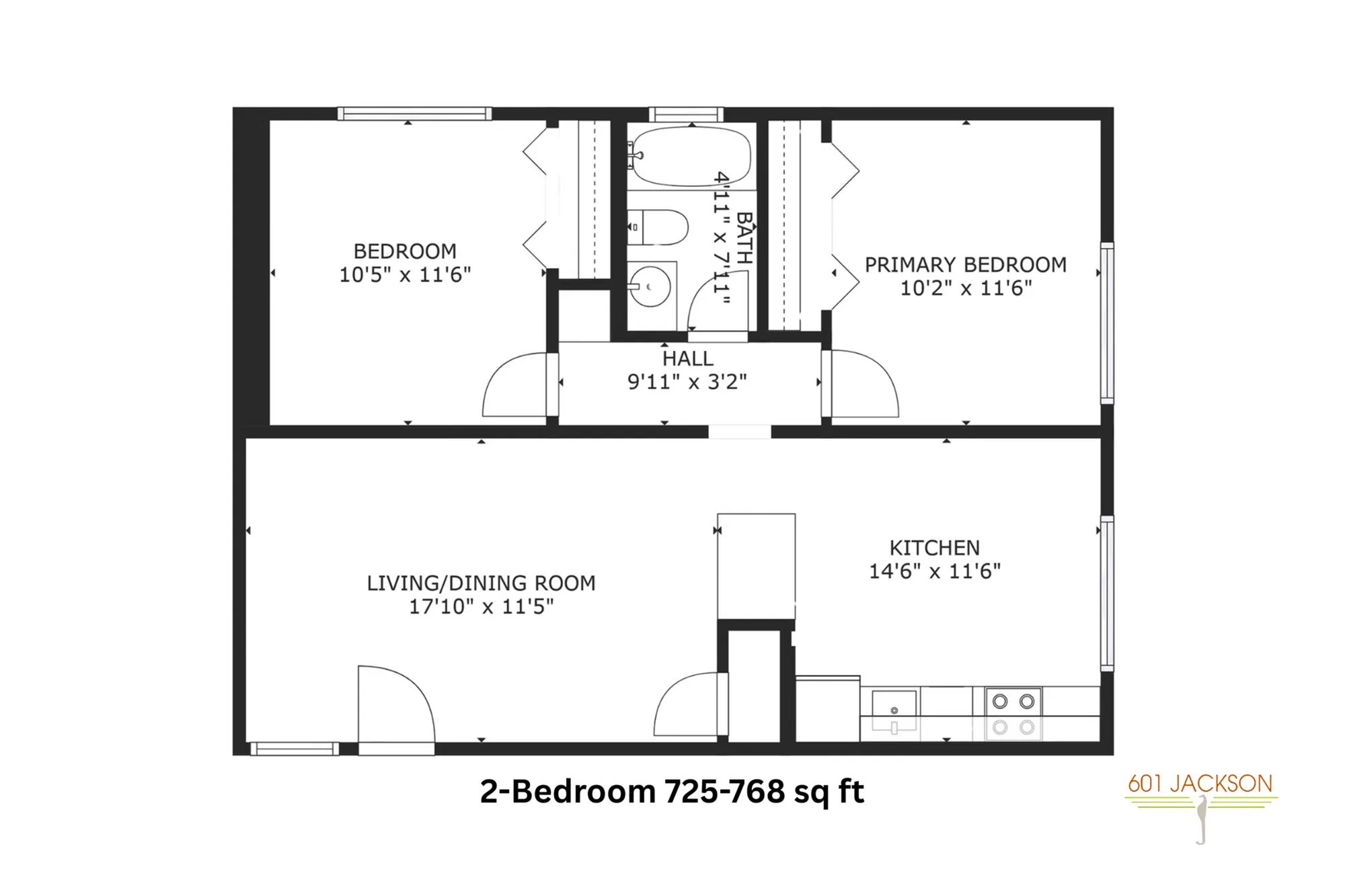 Modern 2-bedroom floor plan with spacious living/dining area, well-designed kitchen, and cozy bedrooms; total area 725-768 sq ft.