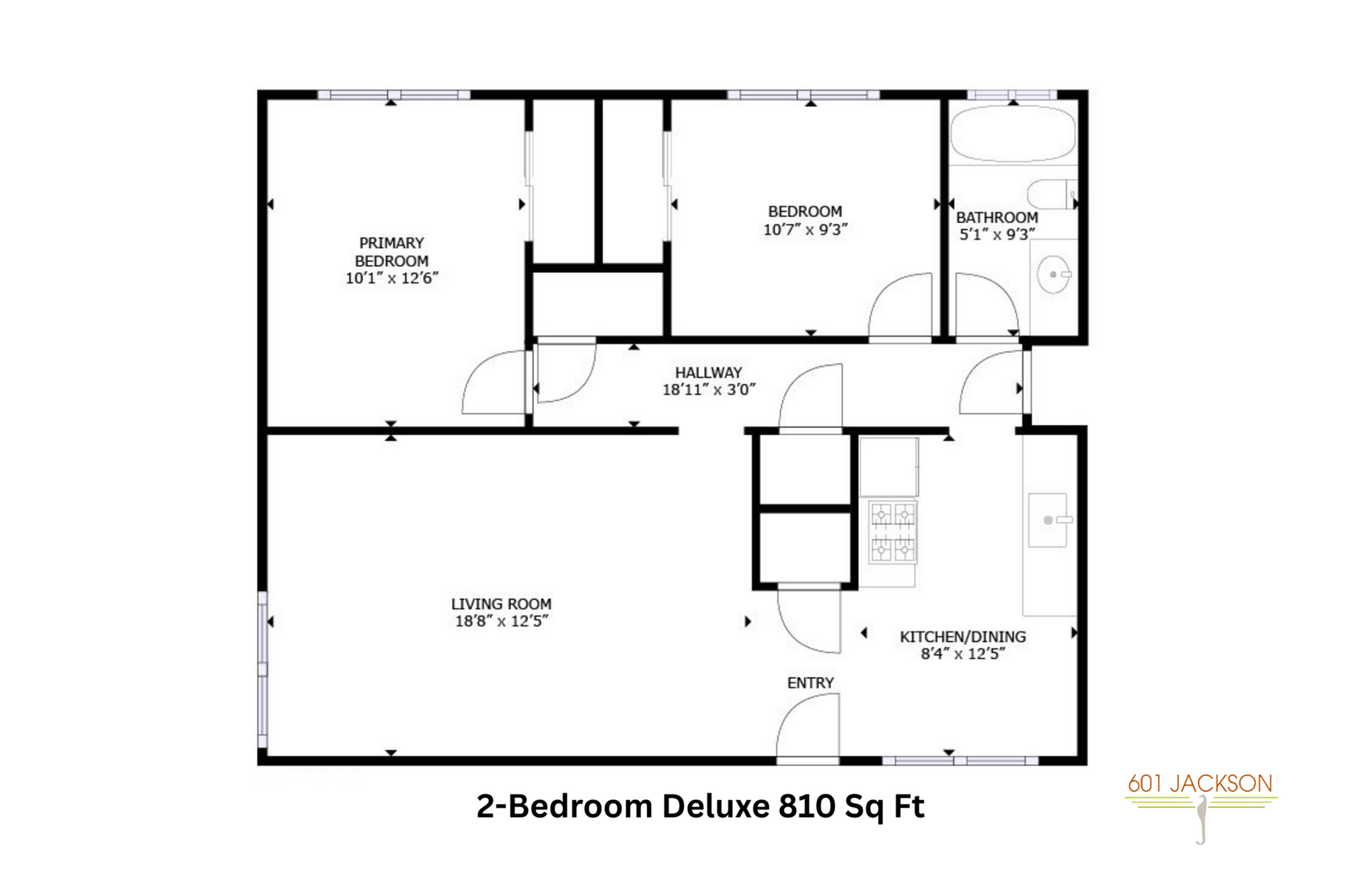 Inviting 2-bedroom deluxe floor plan with spacious living room, modern kitchen/dining area, and well-sized bathroom, totaling 810 sq ft.