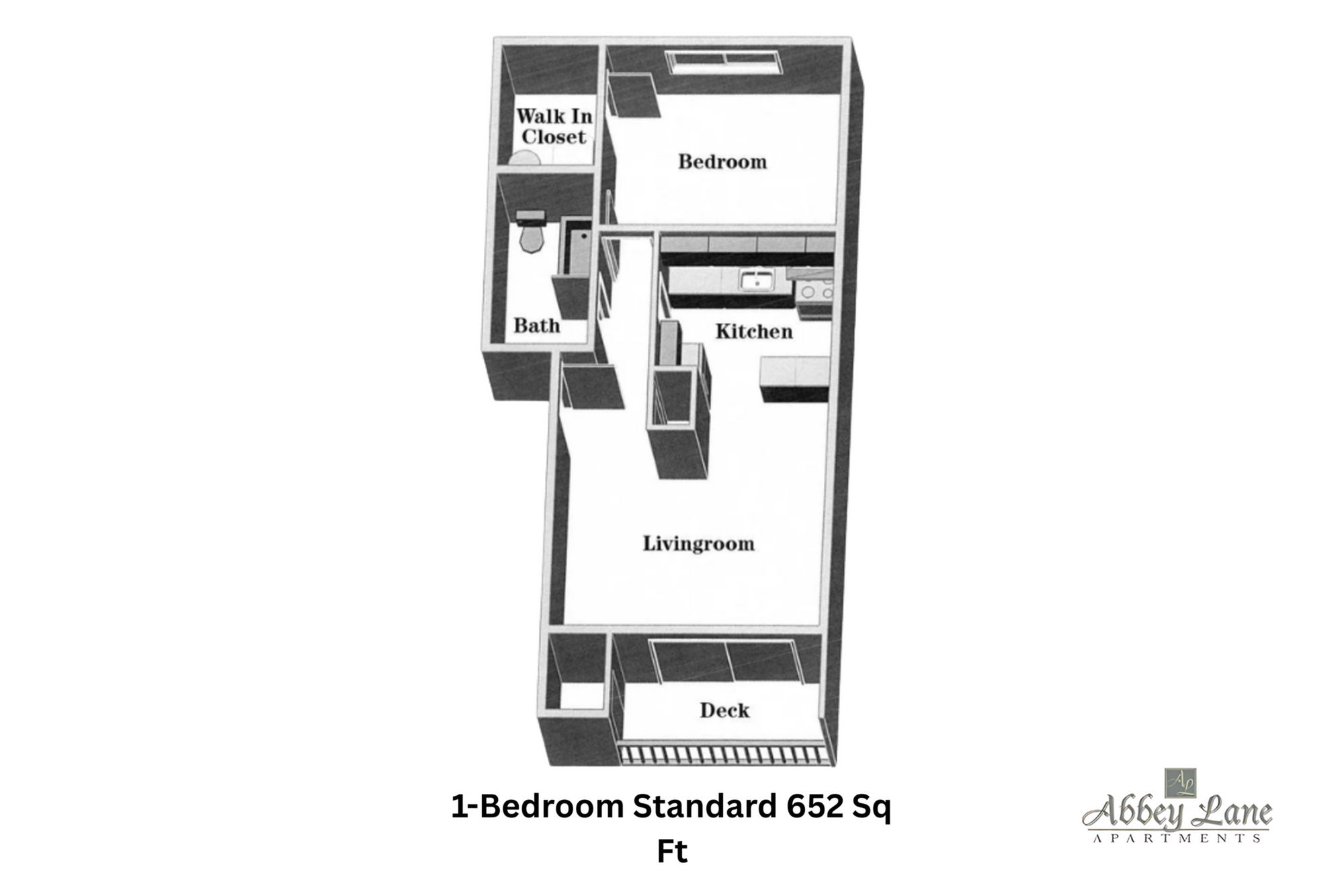 Modern 3D floor plan of a 1-bedroom apartment featuring a cozy living room, spacious kitchen, walk-in closet, and private deck, spanning 652 sq ft.