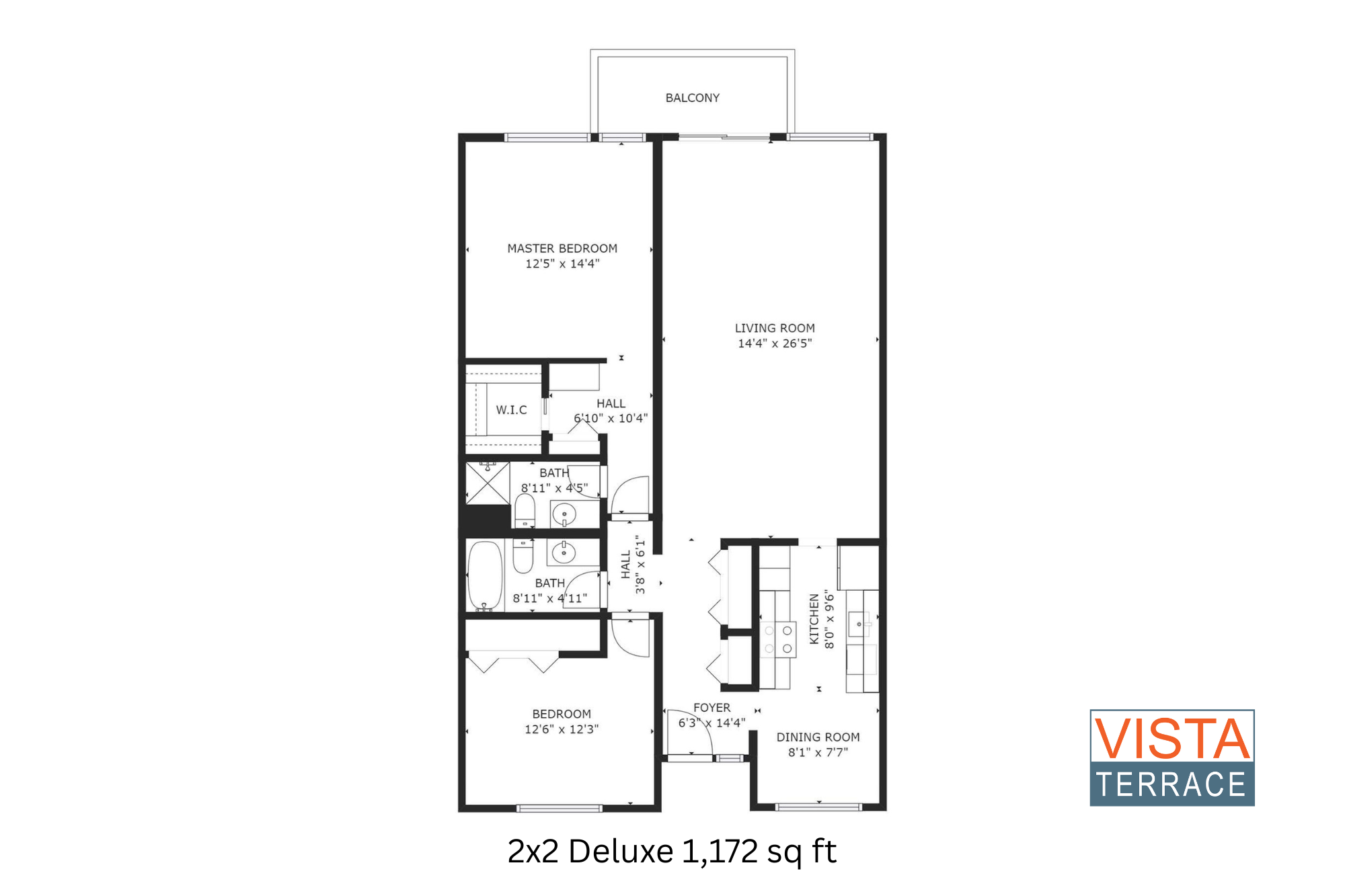 Vista Terrace deluxe floor plan features 2 bedrooms, spacious living room, kitchen, dining area, and balcony in 1,172 sq ft layout.