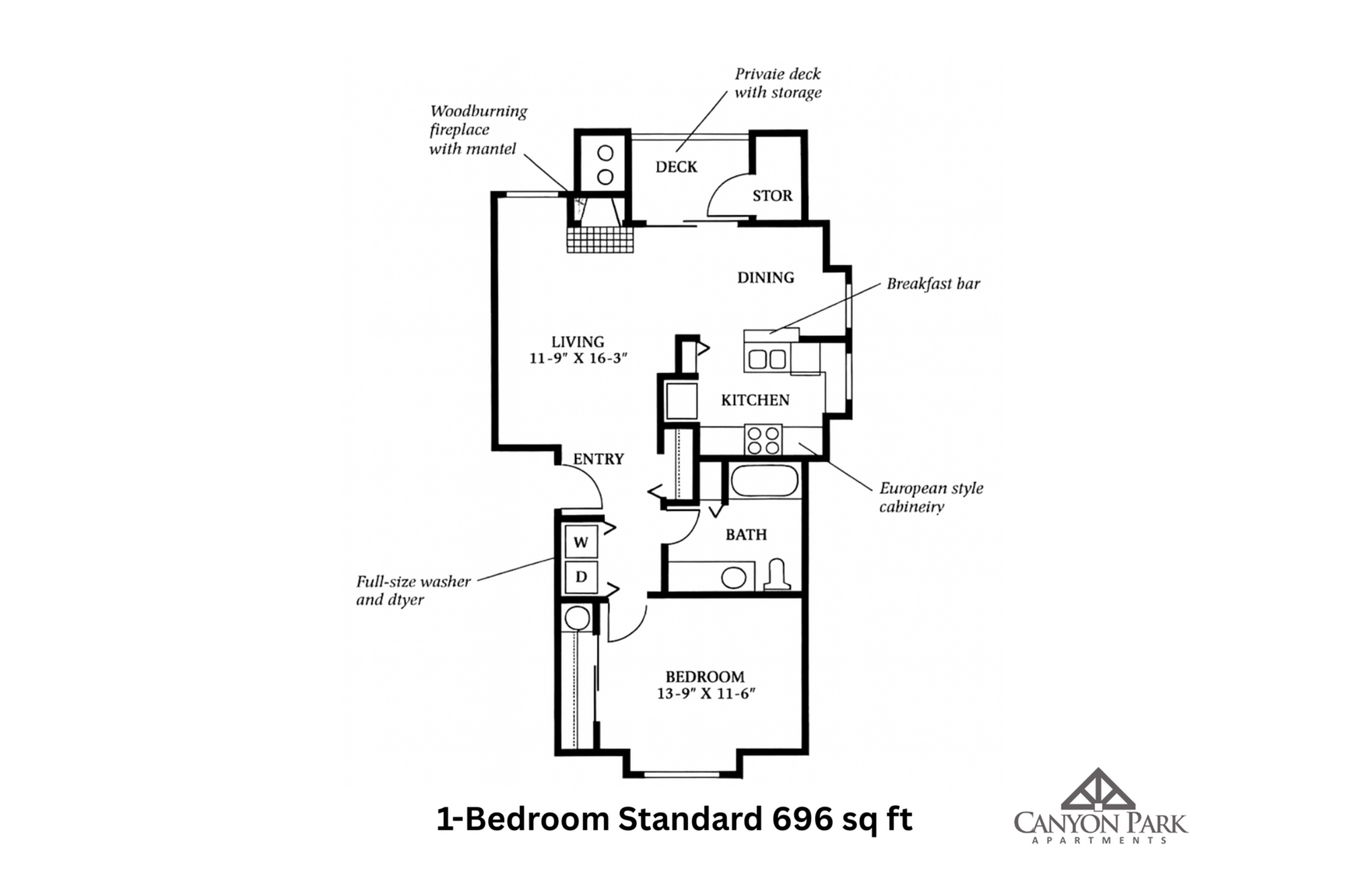 Canyon Park Apartments floor plan showcasing a 1-bedroom unit with 696 sq ft, featuring a cozy living room with a wood-burning fireplace, a private deck with storage, and a modern kitchen with a breakfast bar.