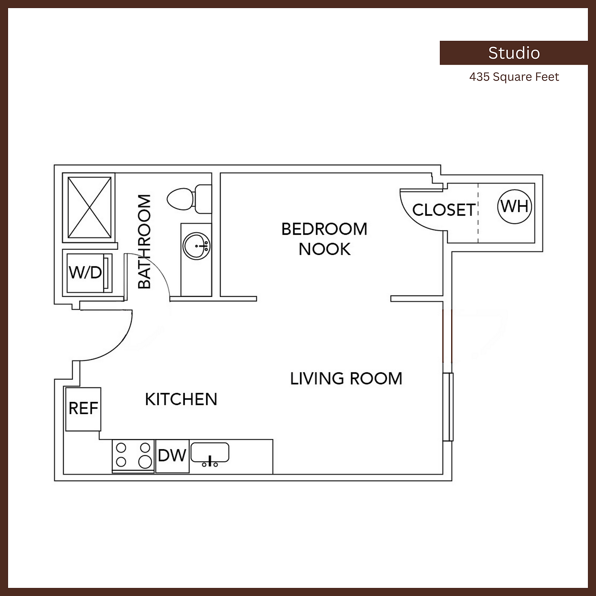 Charming 435 sq ft studio floor plan with a cozy bedroom nook, well-appointed kitchen, and convenient living room setup.