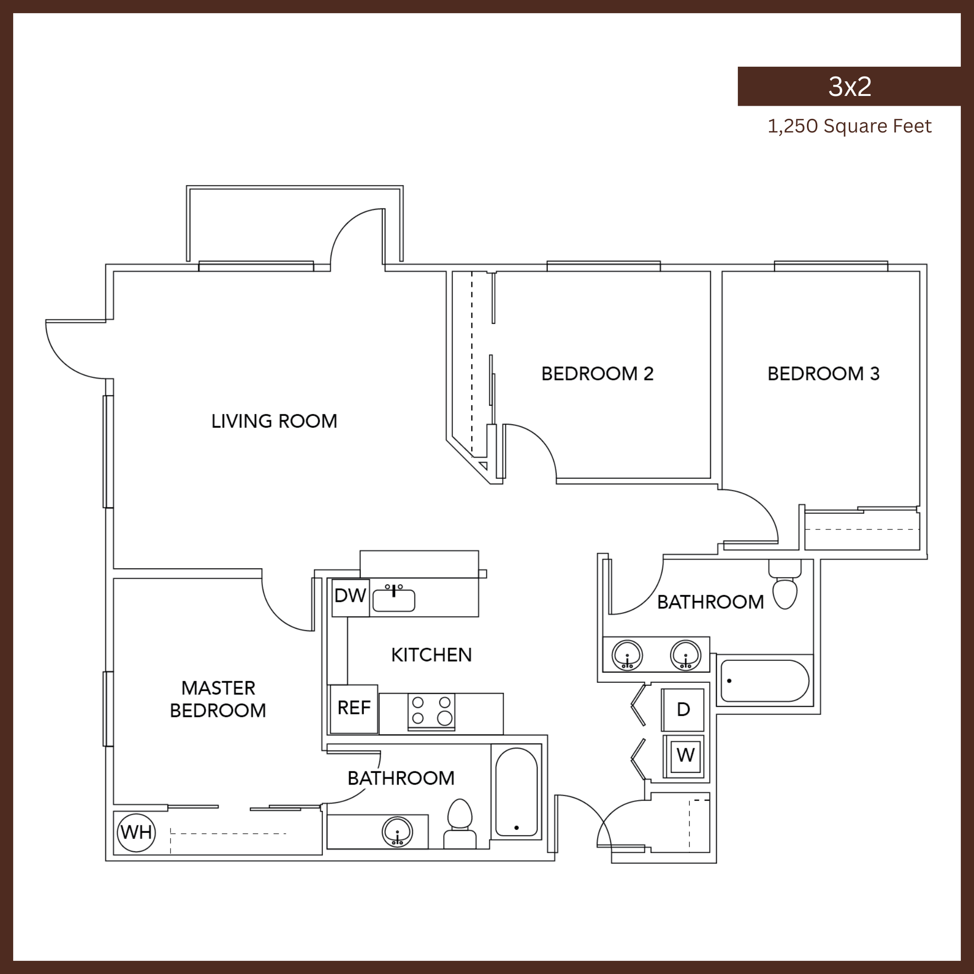 Elegant 3x2 floor plan offering 1,250 square feet with a spacious master bedroom, two additional bedrooms, and a modern kitchen flowing into an open living area.