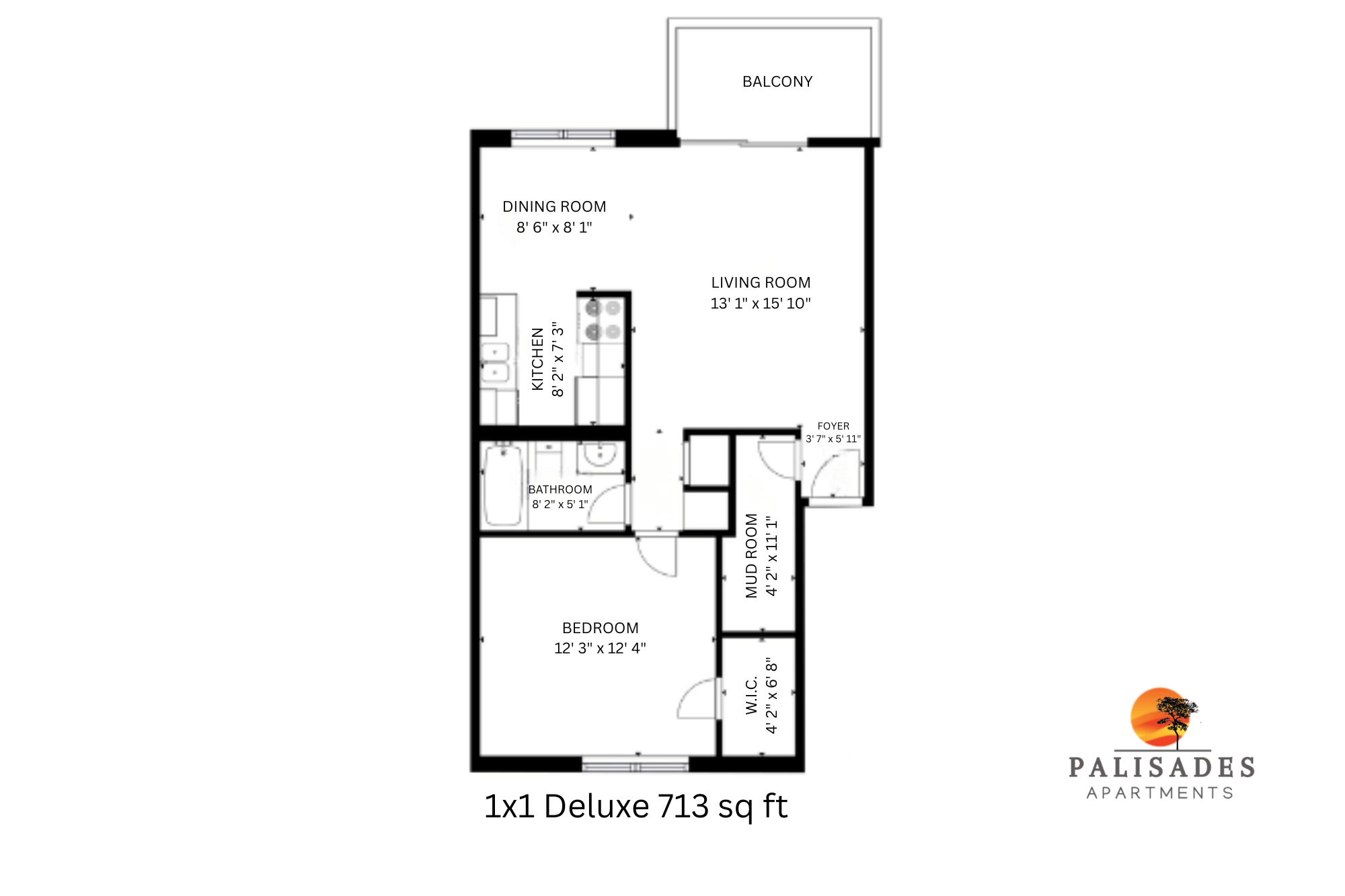 Palisades Apartments 1x1 Deluxe floor plan with 713 sq ft, featuring a spacious living room, dining area, bedroom, kitchen, bathroom, mud room, and balcony.