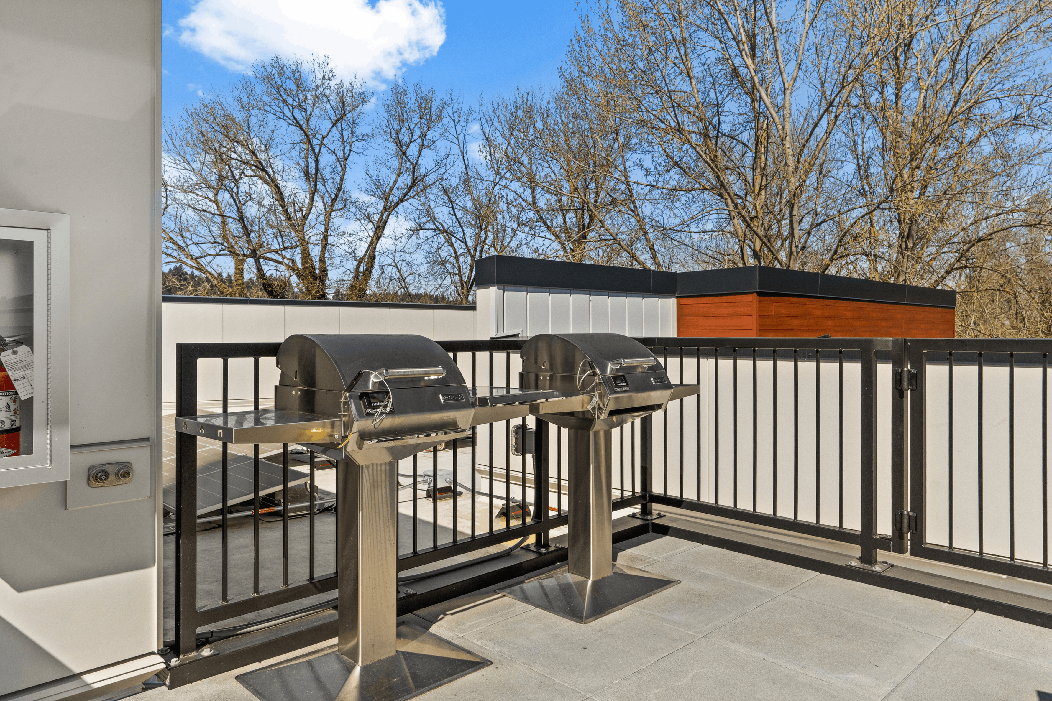 Modern outdoor terrace featuring twin stainless steel grills, perfect for entertaining with a scenic view of bare winter trees against a clear blue sky.
