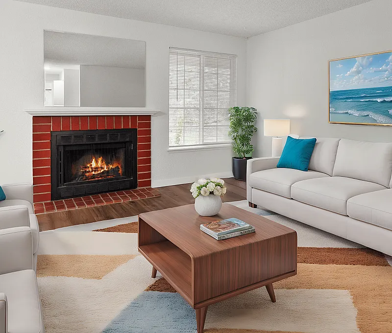 Chic living room with a warm fireplace, stylish furniture, and bright natural lighting.