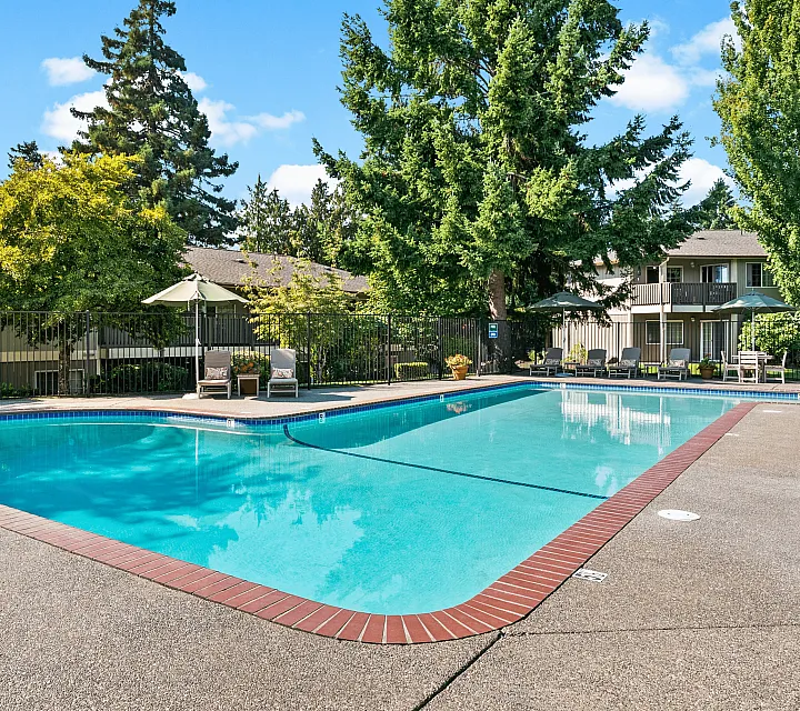 Inviting apartment community pool surrounded by lush greenery and modern lounge chairs, perfect for relaxing and enjoying the outdoors.