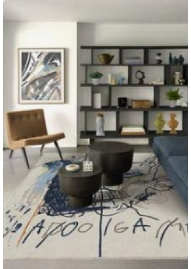 Modern living room with chic decor, spacious shelving, artistic rug, and stylish furniture.