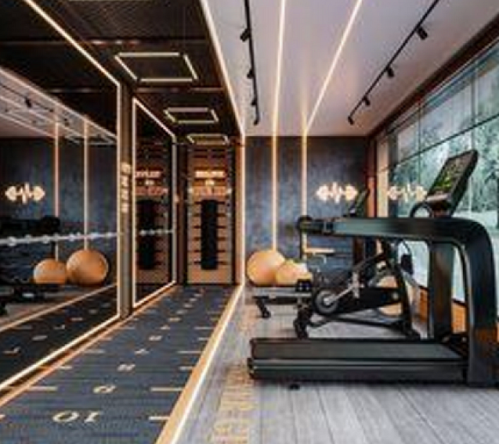 Modern home gym with sleek treadmill, exercise balls, and ambient lighting for an inspiring workout space.
