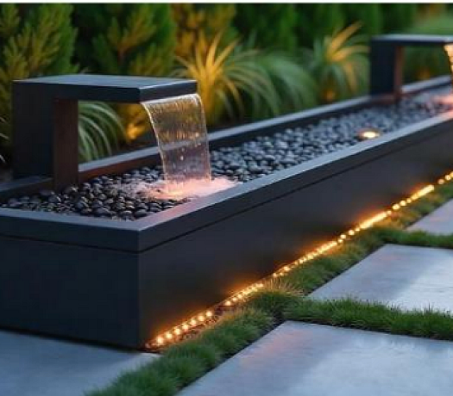 Elegant modern water feature with cascading waterfalls and ambient lighting in a landscaped garden setting.