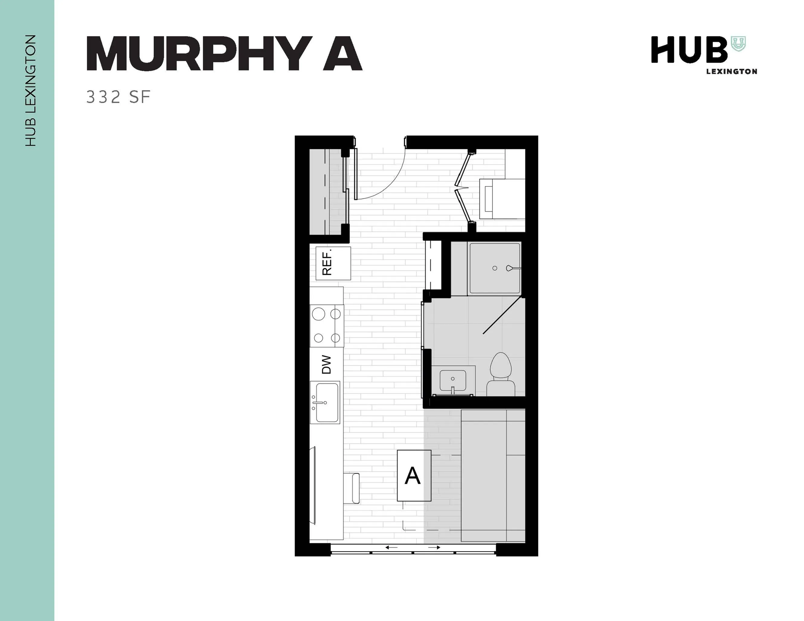 Efficient and stylish floor plan of Murphy A at Hub Lexington, 332 sq ft studio with compact kitchen and bathroom.