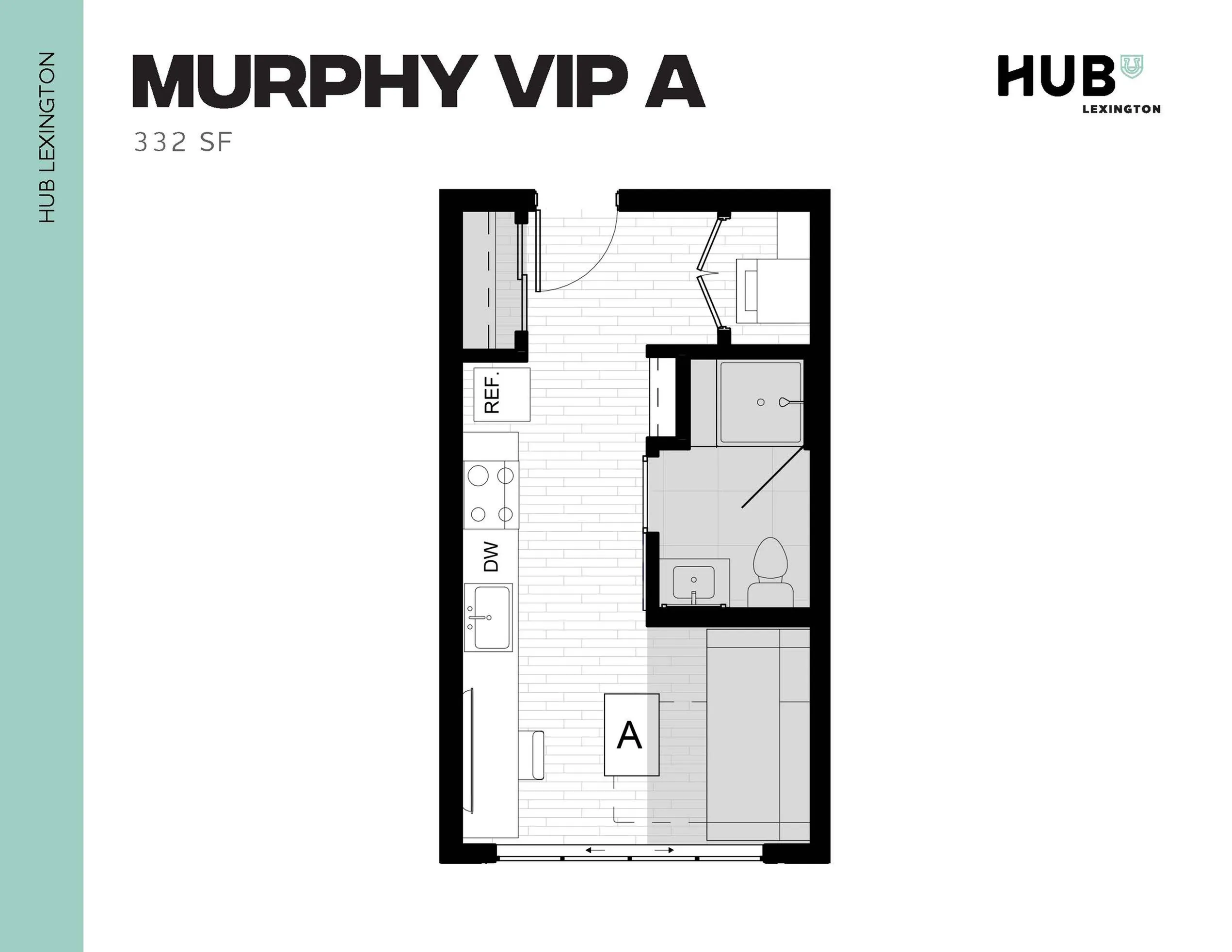 Contemporary studio apartment floor plan, 332 sq ft, featuring an efficient kitchen, cozy living area, and modern bathroom in Hub Lexington.