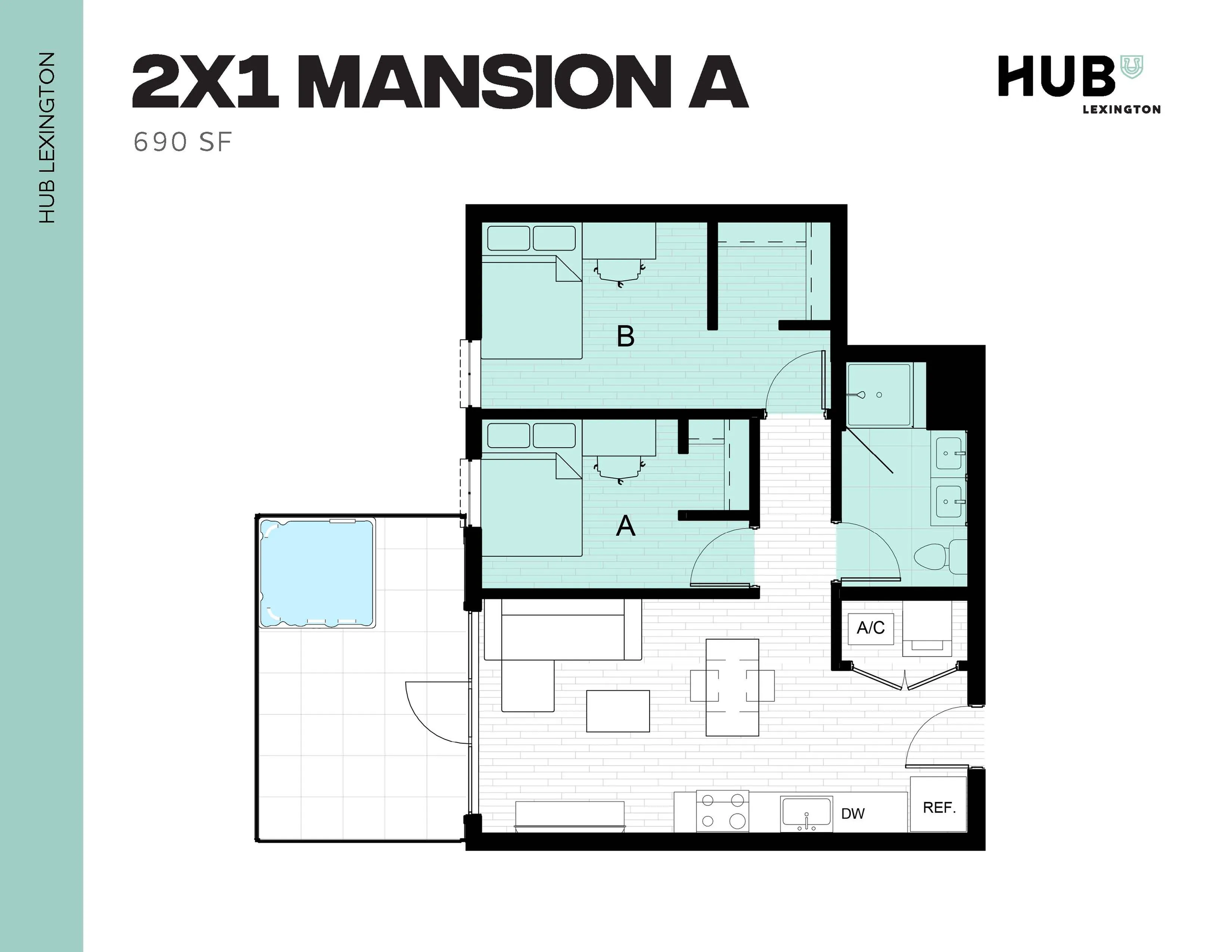 Modern floor plan of Hub Lexington's 2X1 Mansion A, featuring 2 bedrooms, a spacious living area, and a well-equipped kitchen, encompassing 690 square feet.