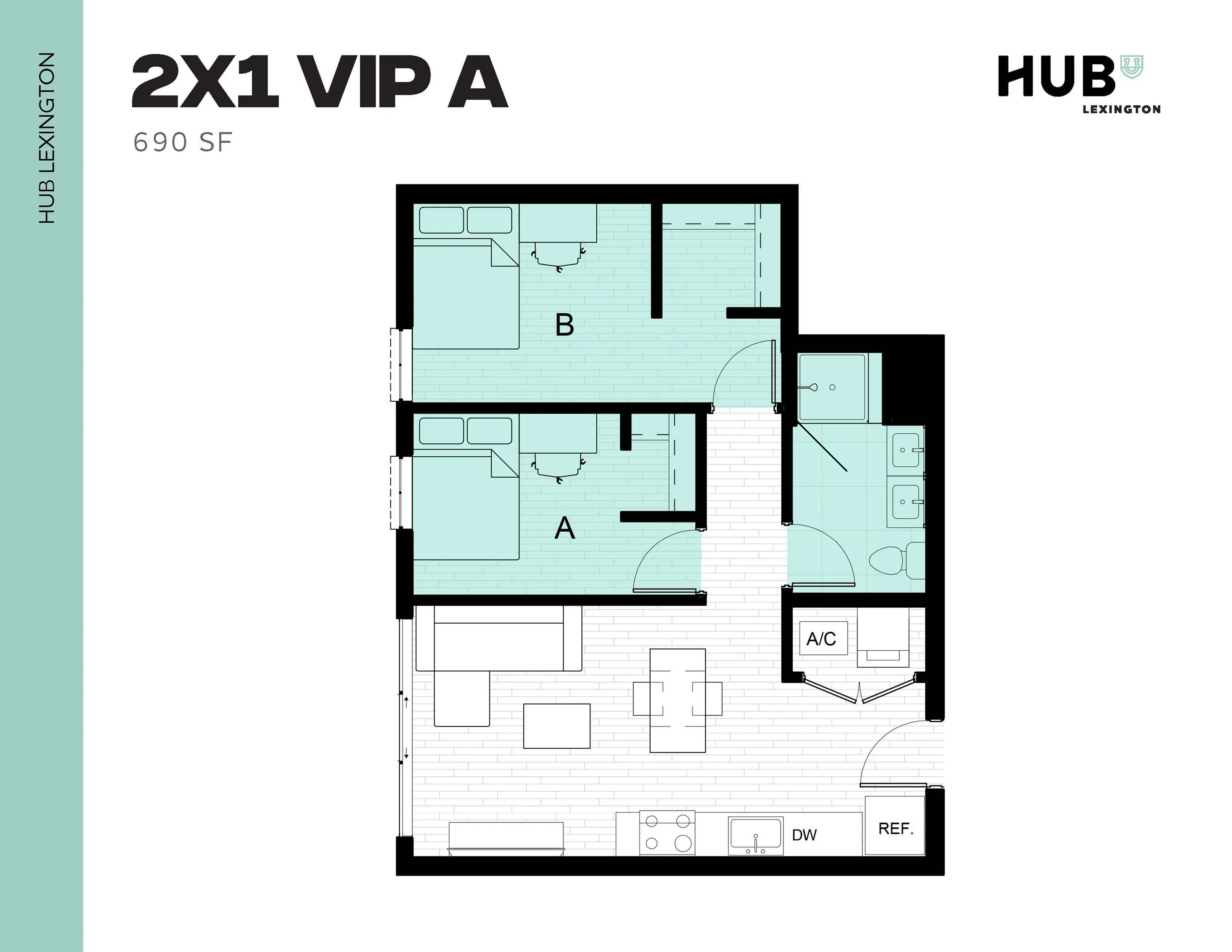 Modern 2X1 VIP A floor plan with 2 bedrooms, spacious living area, and efficient kitchen in 690 sq ft at Hub Lexington.