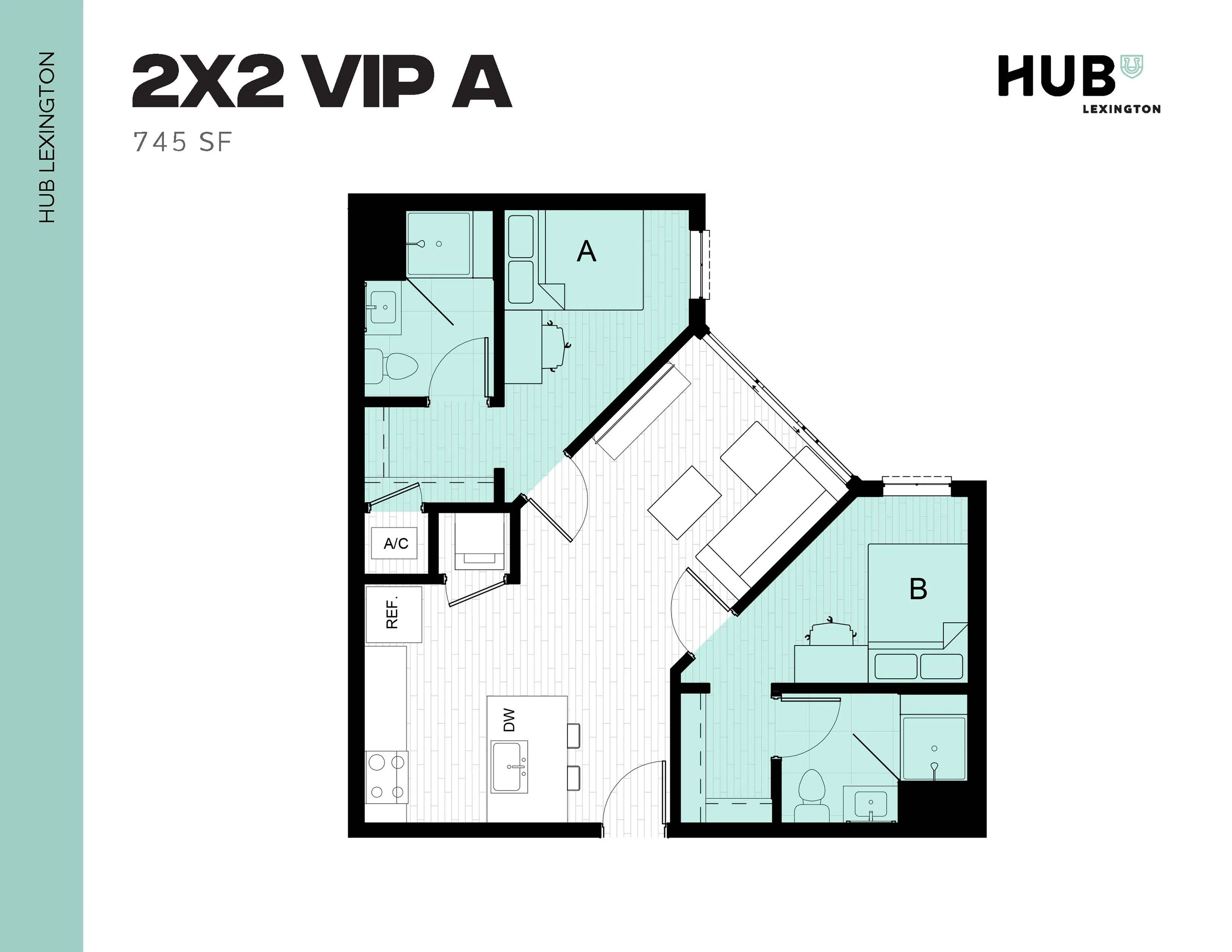 Modern 2x2 VIP A floor plan featuring two bedrooms, two bathrooms, open-concept living area, and kitchen, 745 sq ft at Hub Lexington.