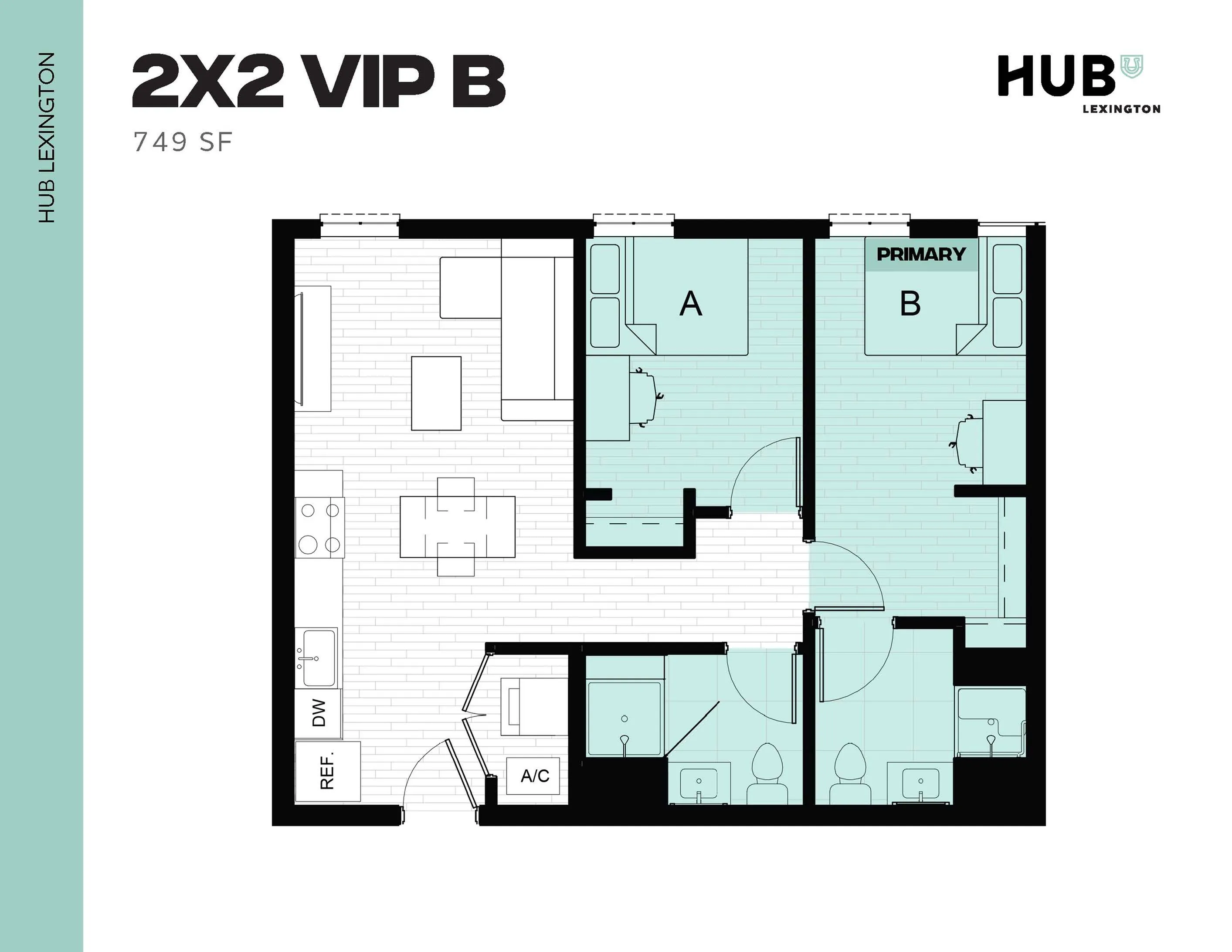 Contemporary floor plan of 2X2 VIP B layout with 2 bedrooms, spacious living area, and modern kitchen, totaling 749 square feet at Hub Lexington.