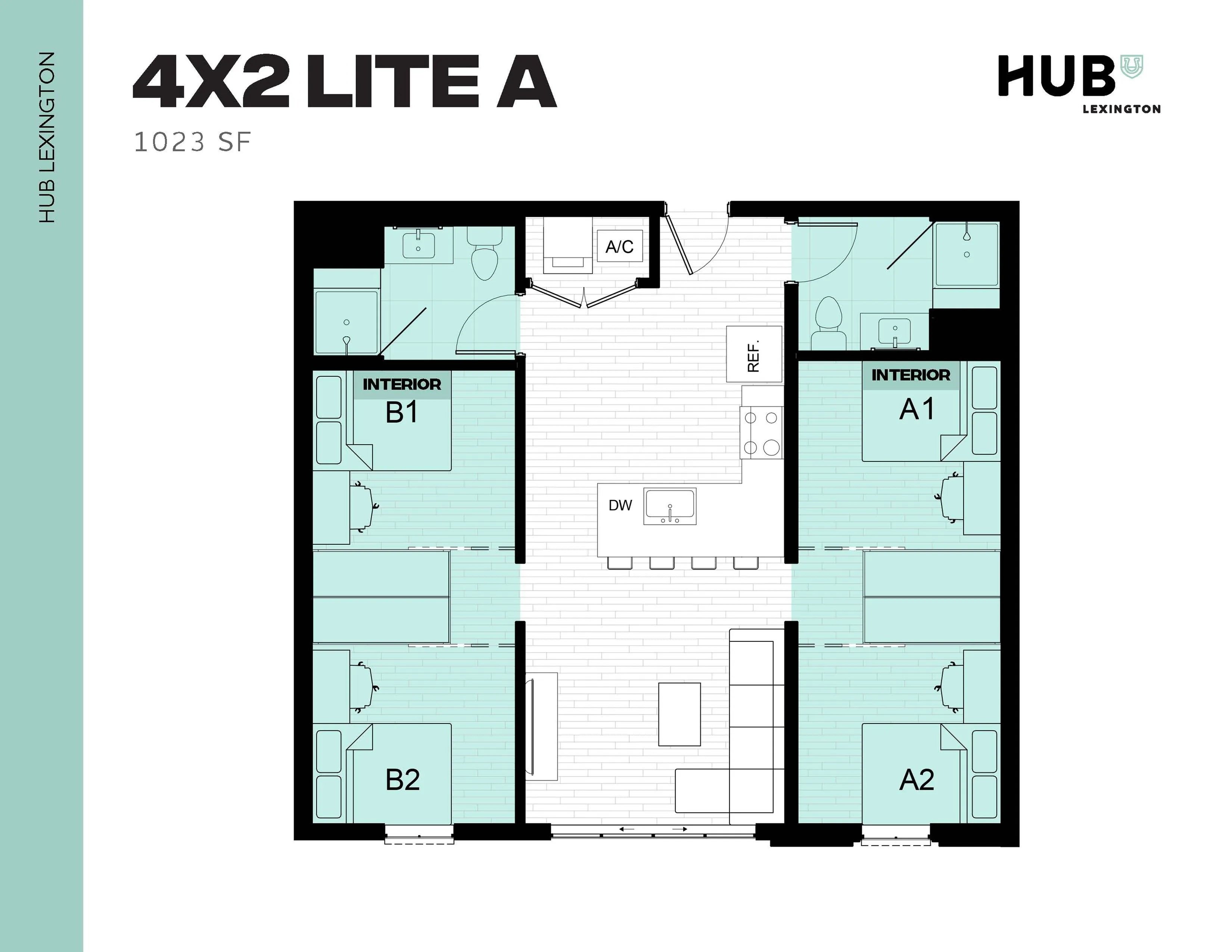 Contemporary floor plan 4X2 Lite A featuring four bedrooms, stylish living space, and a modern kitchen in Hub Lexington, 1023 sq ft.