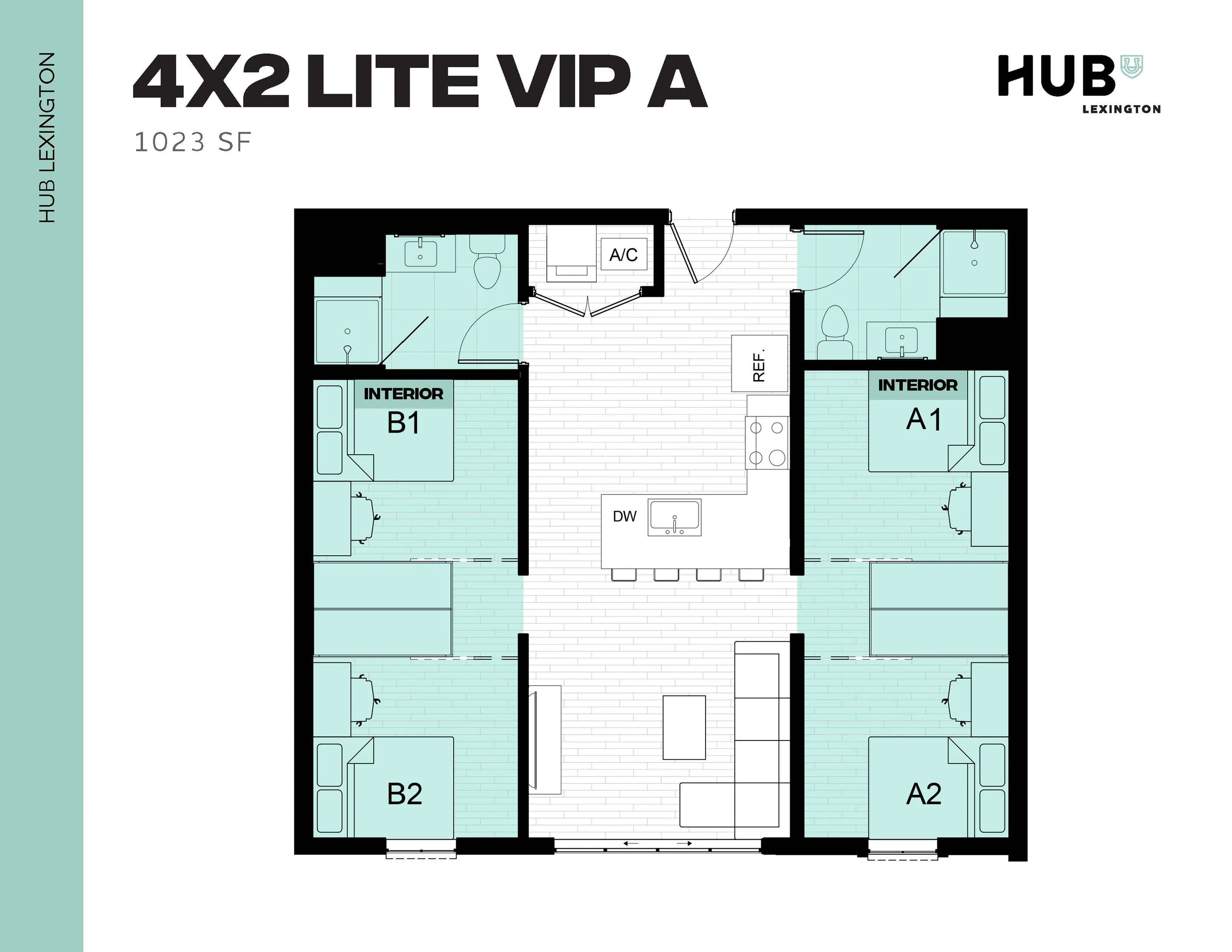 Modern 4X2 Lite VIP A floor plan featuring four bedrooms, spacious living area, and two sleek bathrooms in a 1023 sq ft layout.