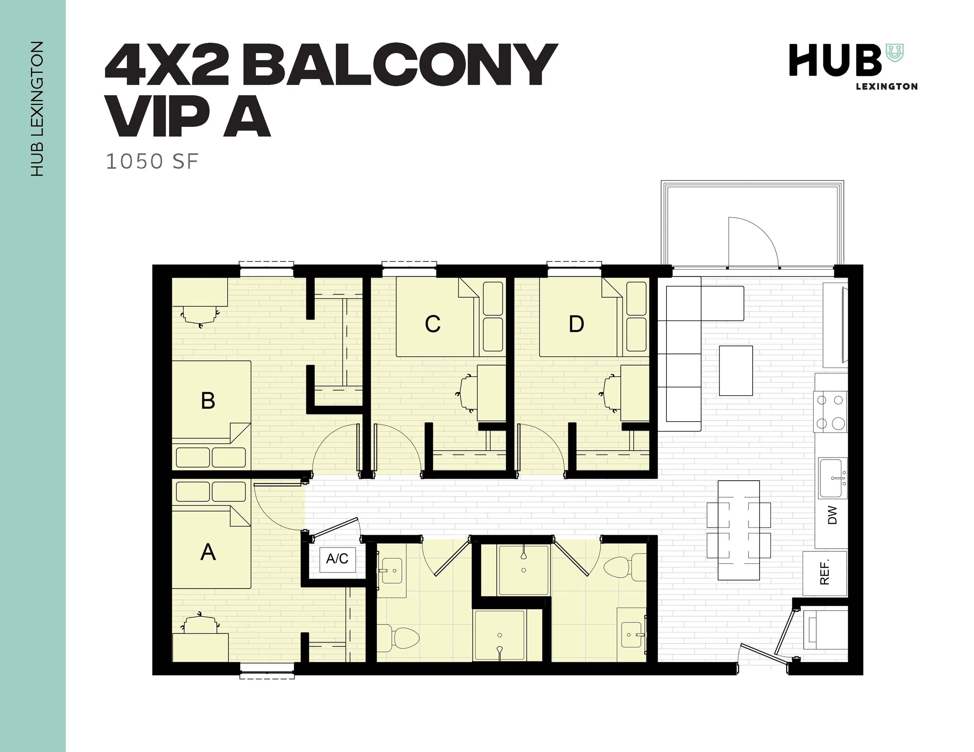 Luxurious floor plan of VIP A with 4 bedrooms, spacious balcony, open living and dining area, modern kitchen, and 1050 sq ft of comfort at Hub Lexington.