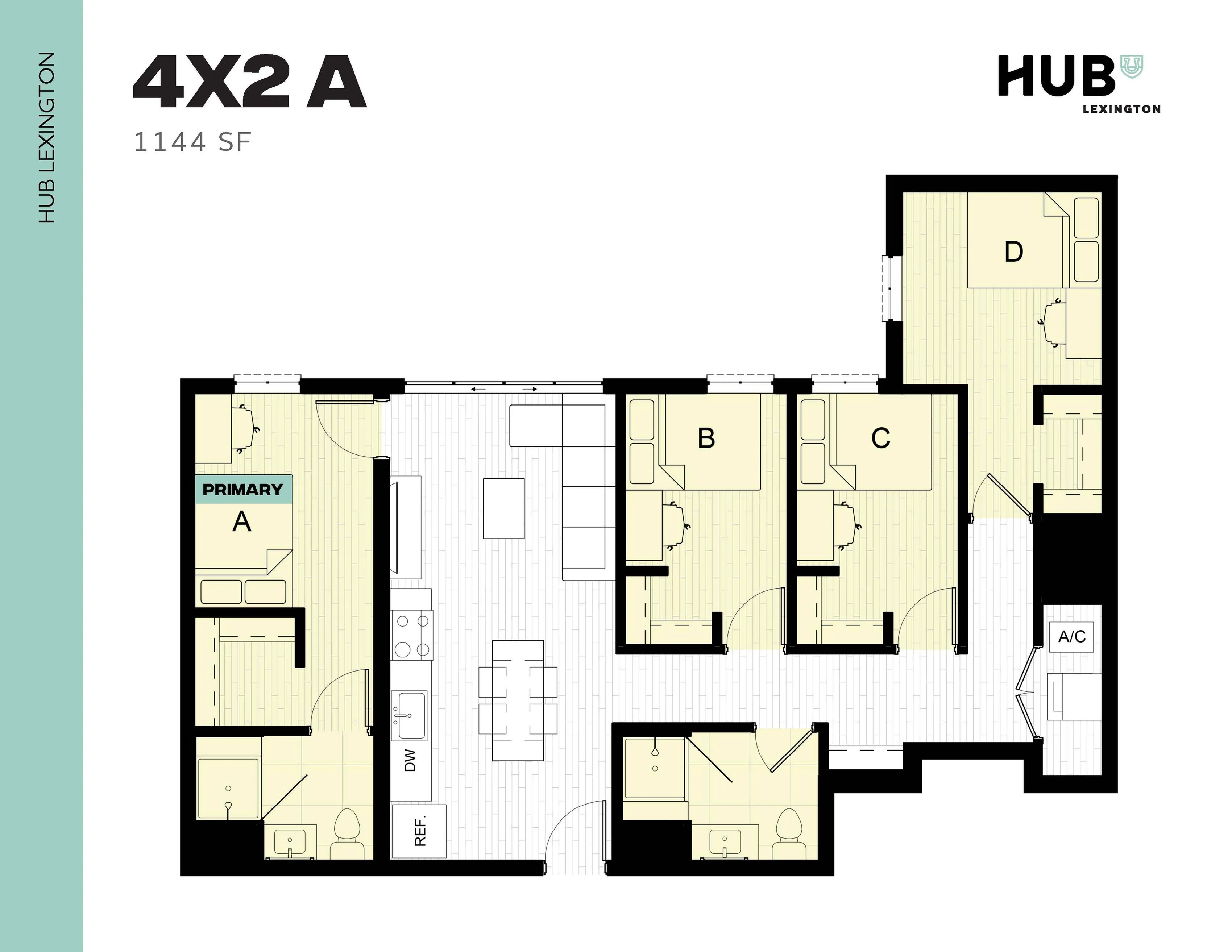 Hub Lexington floor plan with 4 bedrooms, 2 bathrooms in a spacious 1144 sq ft layout, featuring open living room and modern kitchen.