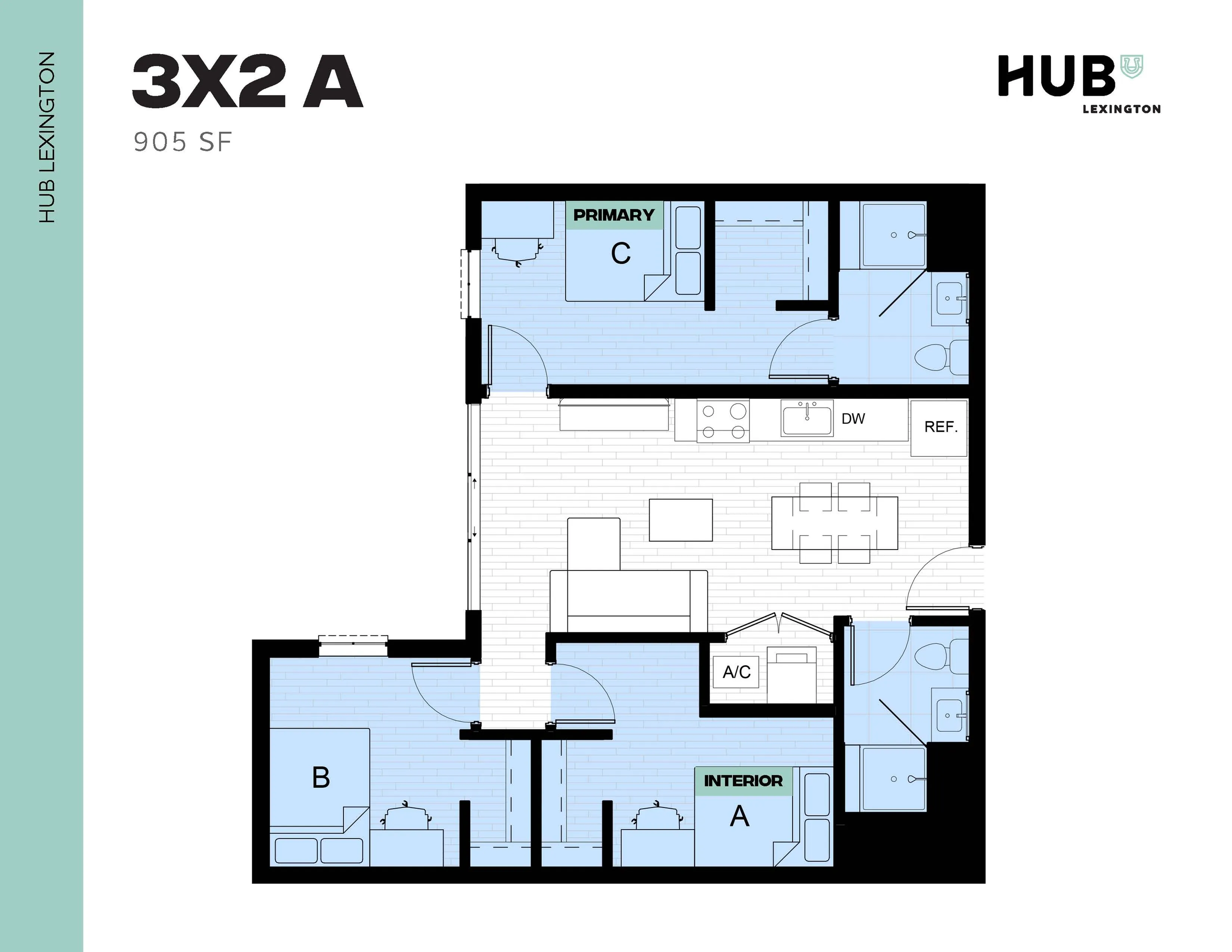 Chic 3-bedroom floor plan at Hub Lexington featuring a modern living area, well-appointed kitchen, and 2 elegant bathrooms in 905 sq ft.