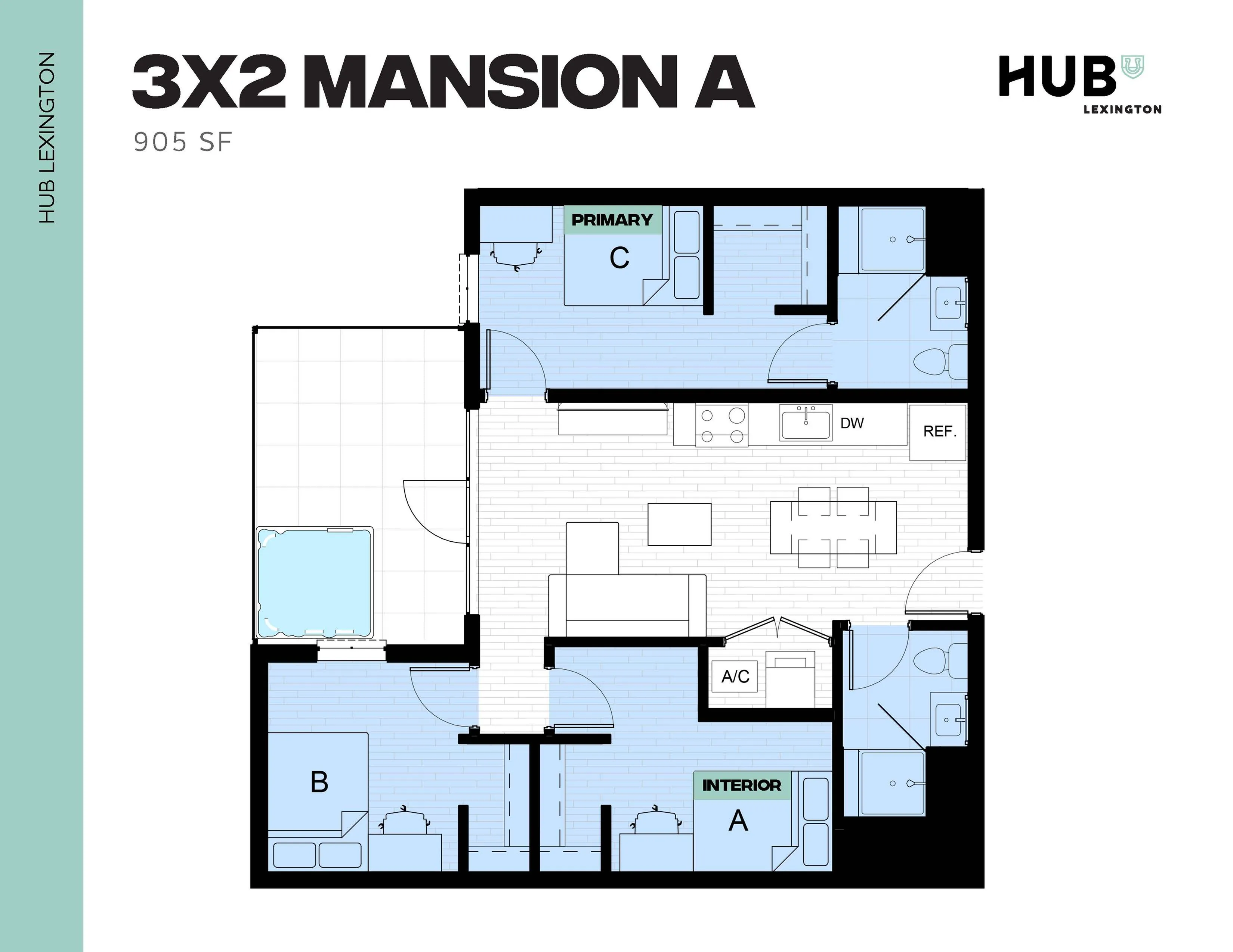 Modern floor plan of Mansion A showcasing 3 bedrooms, open living area, and efficient kitchen layout, 905 sq ft at Hub Lexington.